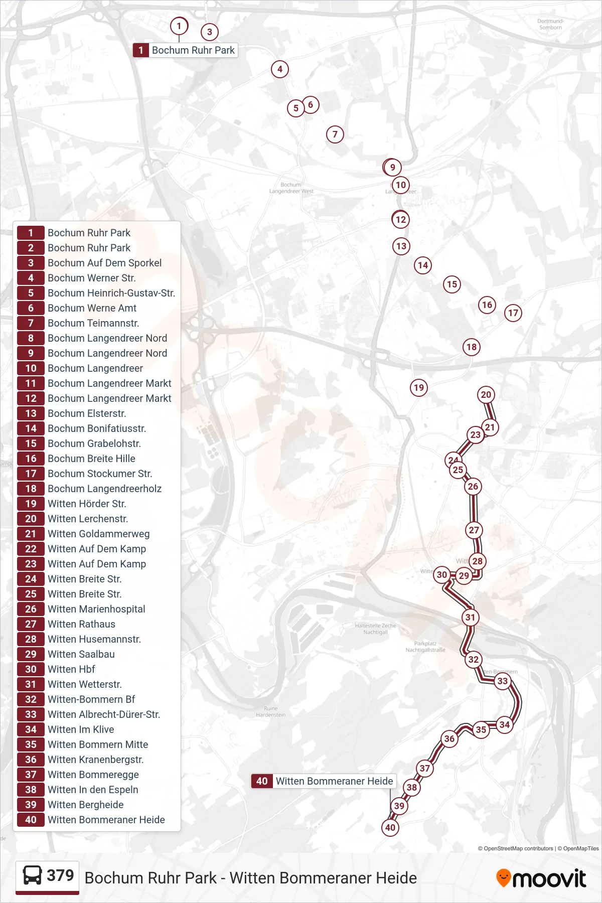 379 bus Line (Witten Bommeraner Heide) route and stops on a map