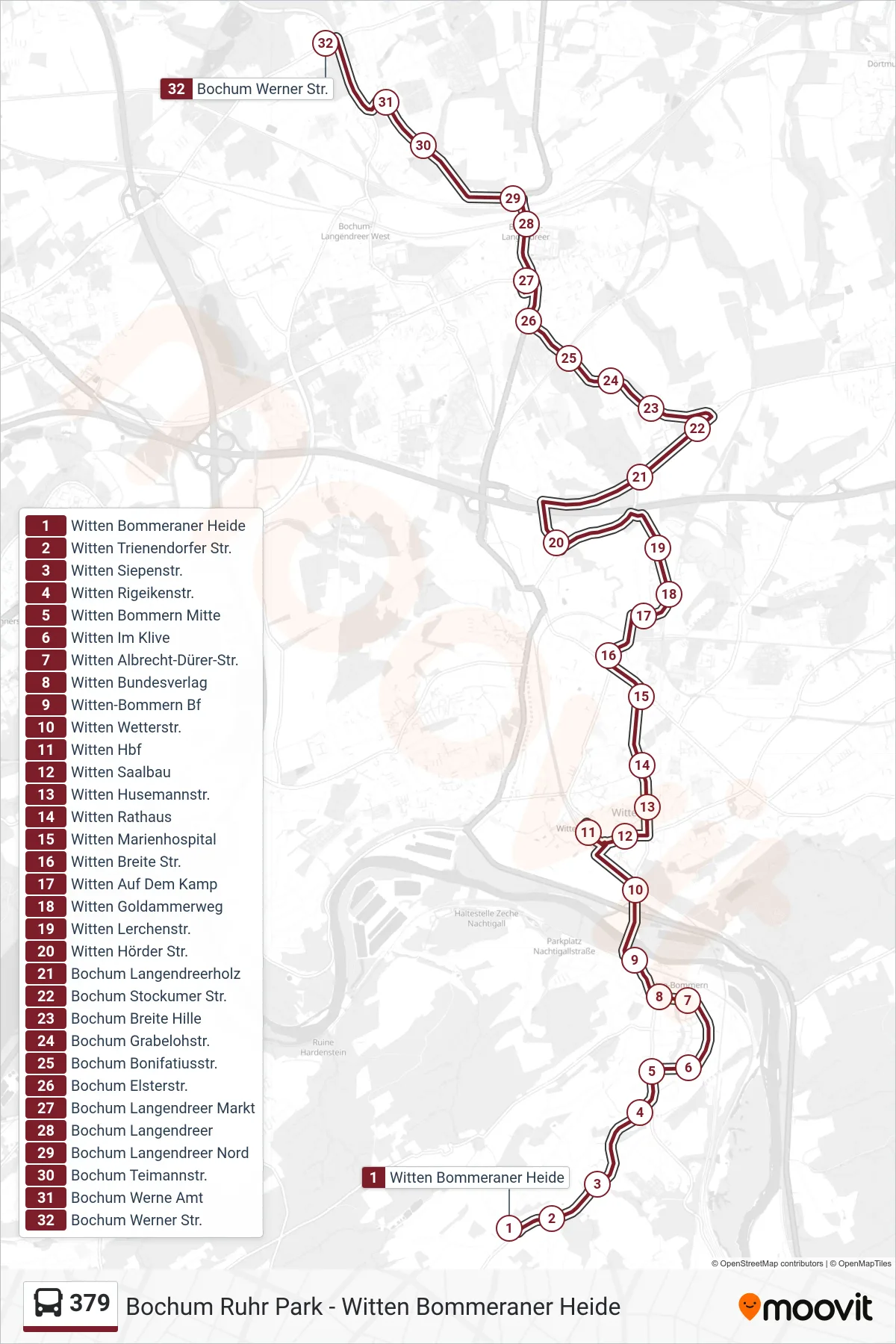 Linie 379 (Bus) Richtung Bochum Werner Str.: Route und Haltestellen auf der Karte