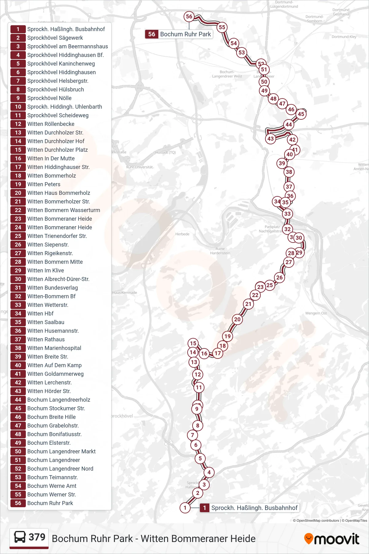 379 bus Line (Bochum Ruhr Park) route and stops on a map