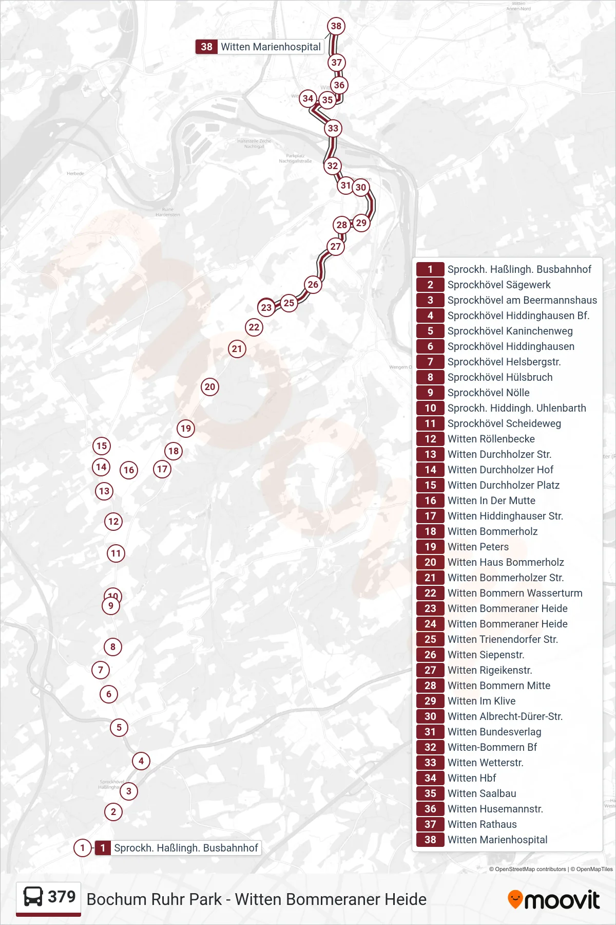 379 bus Line (Witten Marienhospital) route and stops on a map