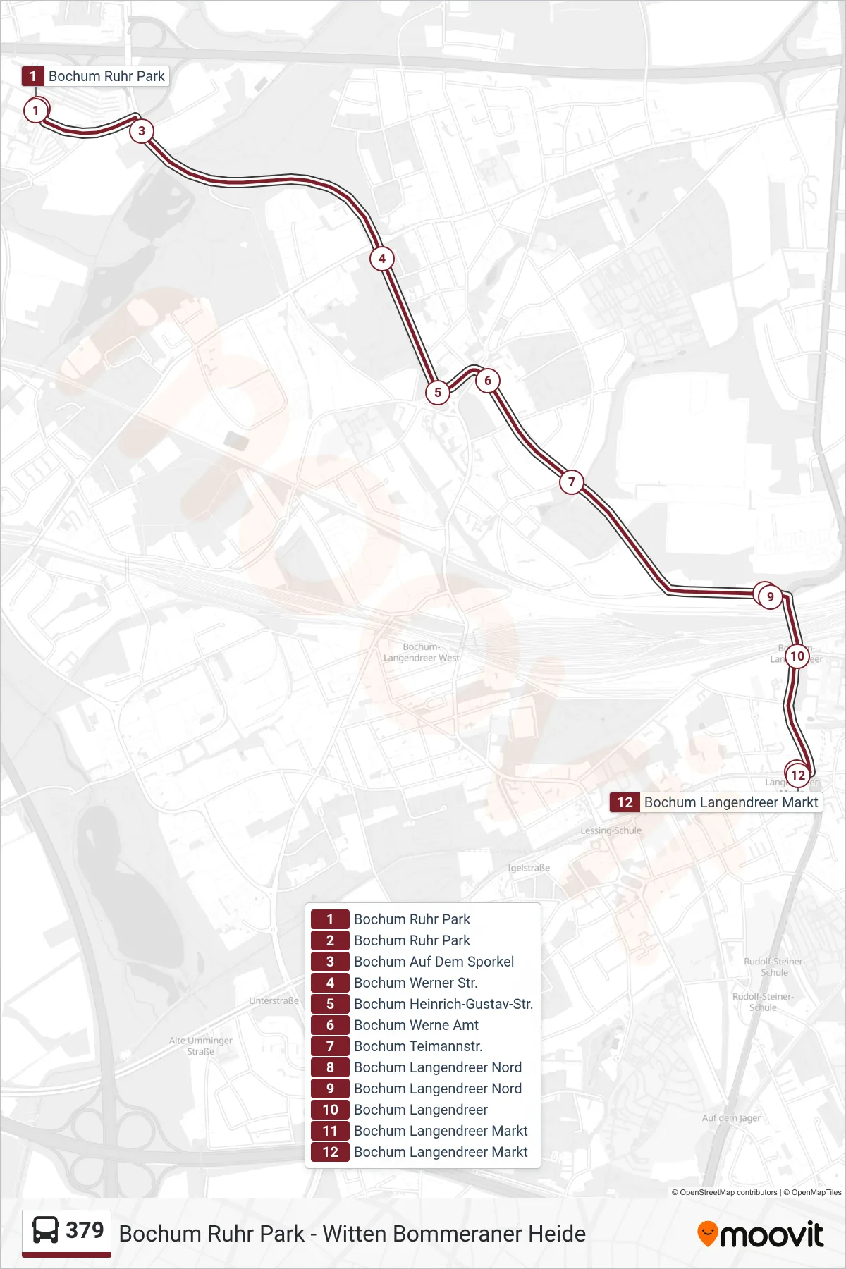 Linie 379 (Bus) Richtung Bochum Langendreer Markt: Route und Haltestellen auf der Karte