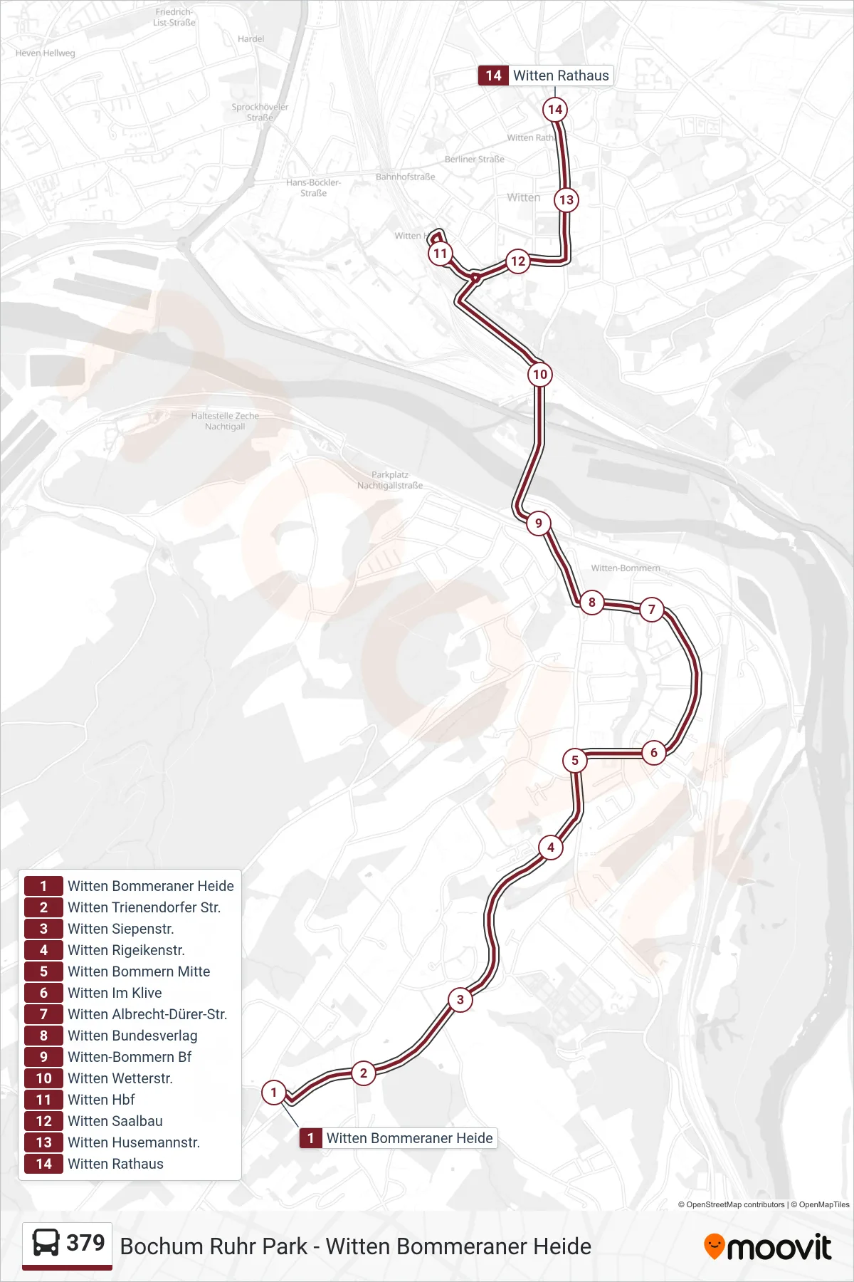 Linie 379 (Bus) Richtung Witten Rathaus: Route und Haltestellen auf der Karte