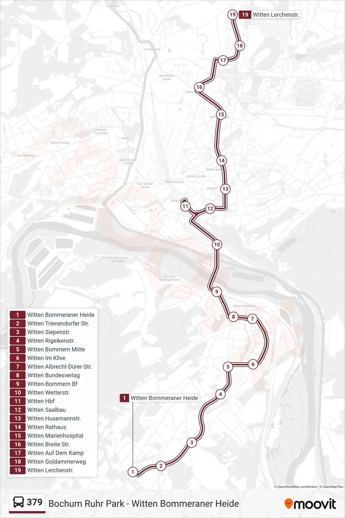 379 bus Line (Witten Lerchenstr.) route and stops on a map