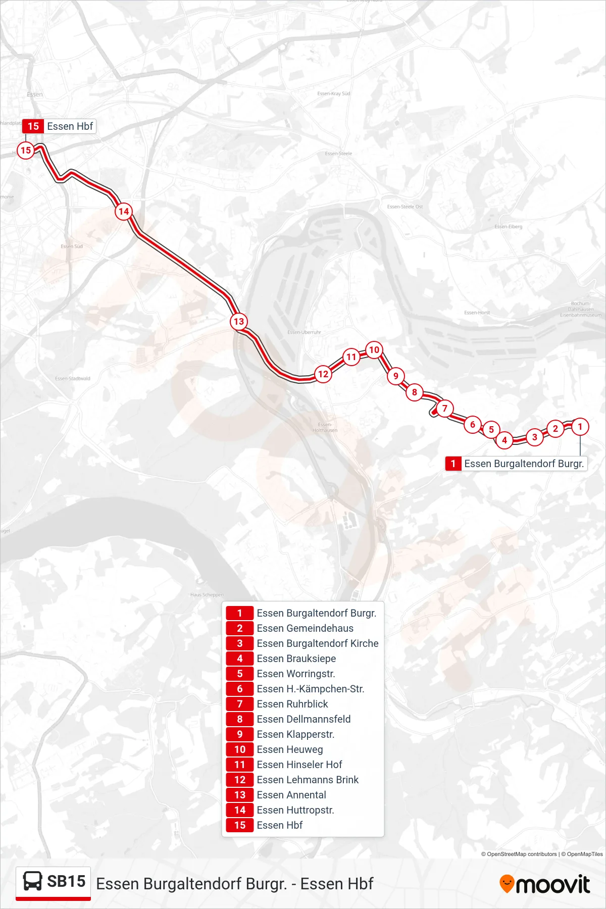Linie SB15 (Bus) Richtung Essen Hbf: Route und Haltestellen auf der Karte