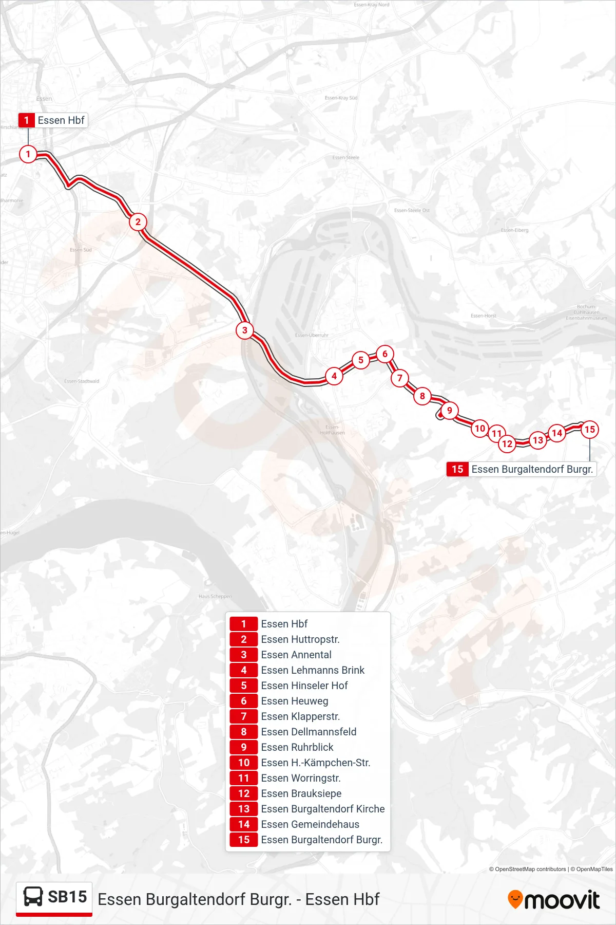 Linie SB15 (Bus) Richtung Essen Burgaltendorf Burgr.: Route und Haltestellen auf der Karte