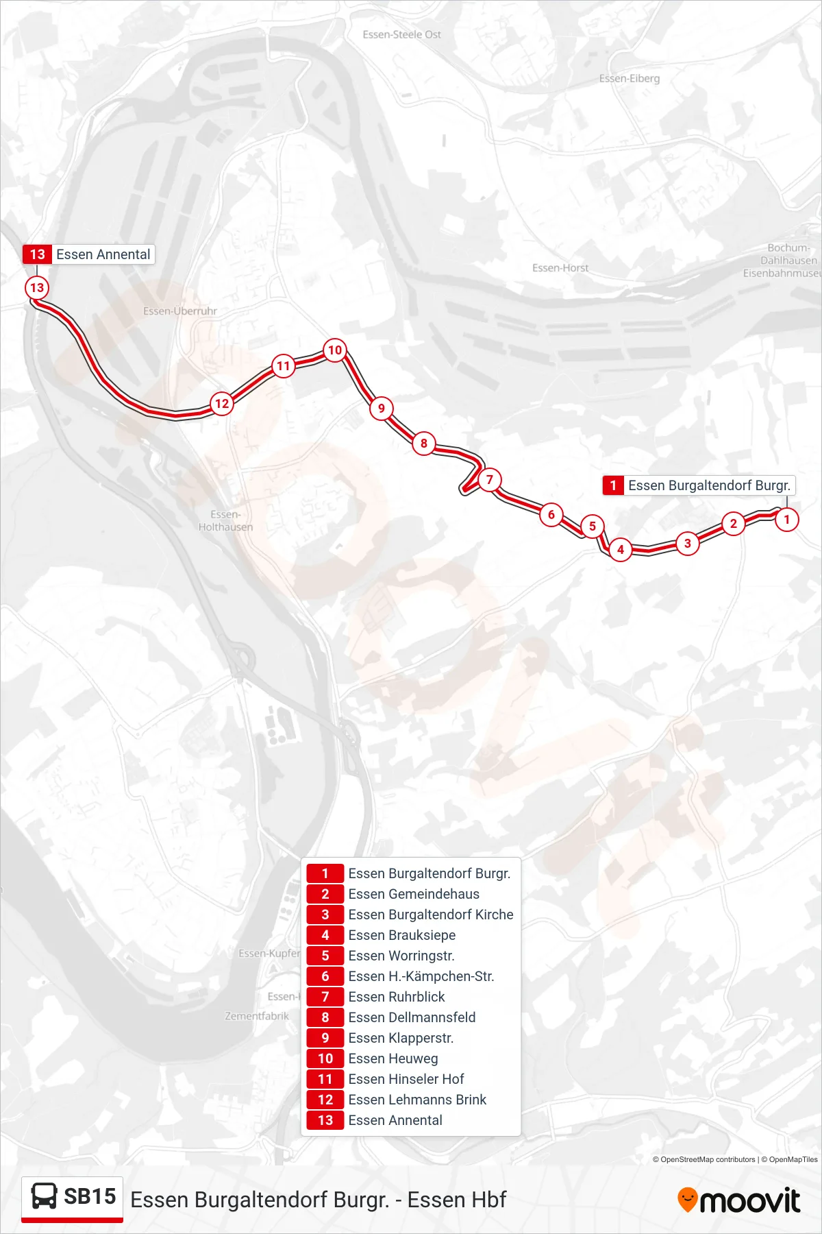 Linie SB15 (Bus) Richtung Essen Annental: Route und Haltestellen auf der Karte