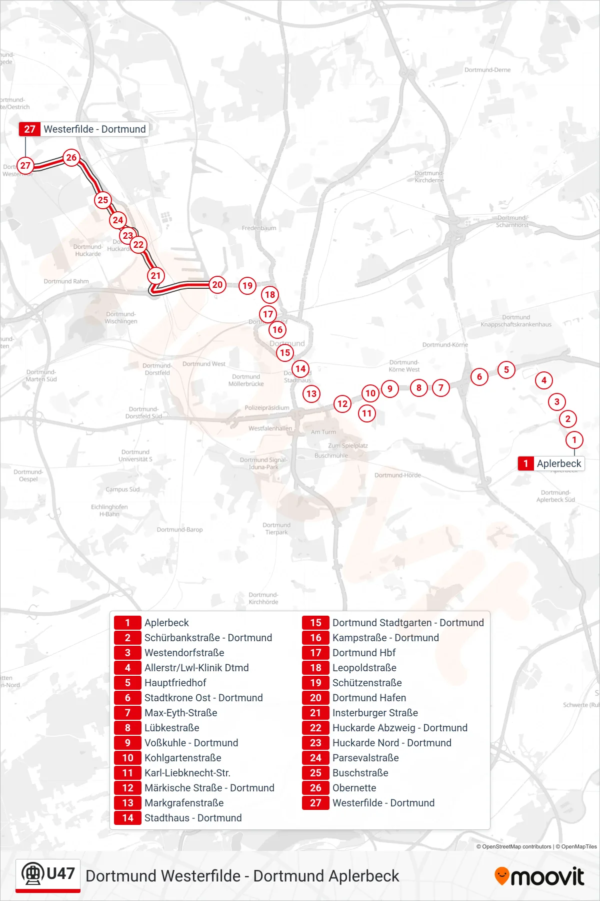 U47 subway Line (Dortmund Westerfilde) route and stops on a map