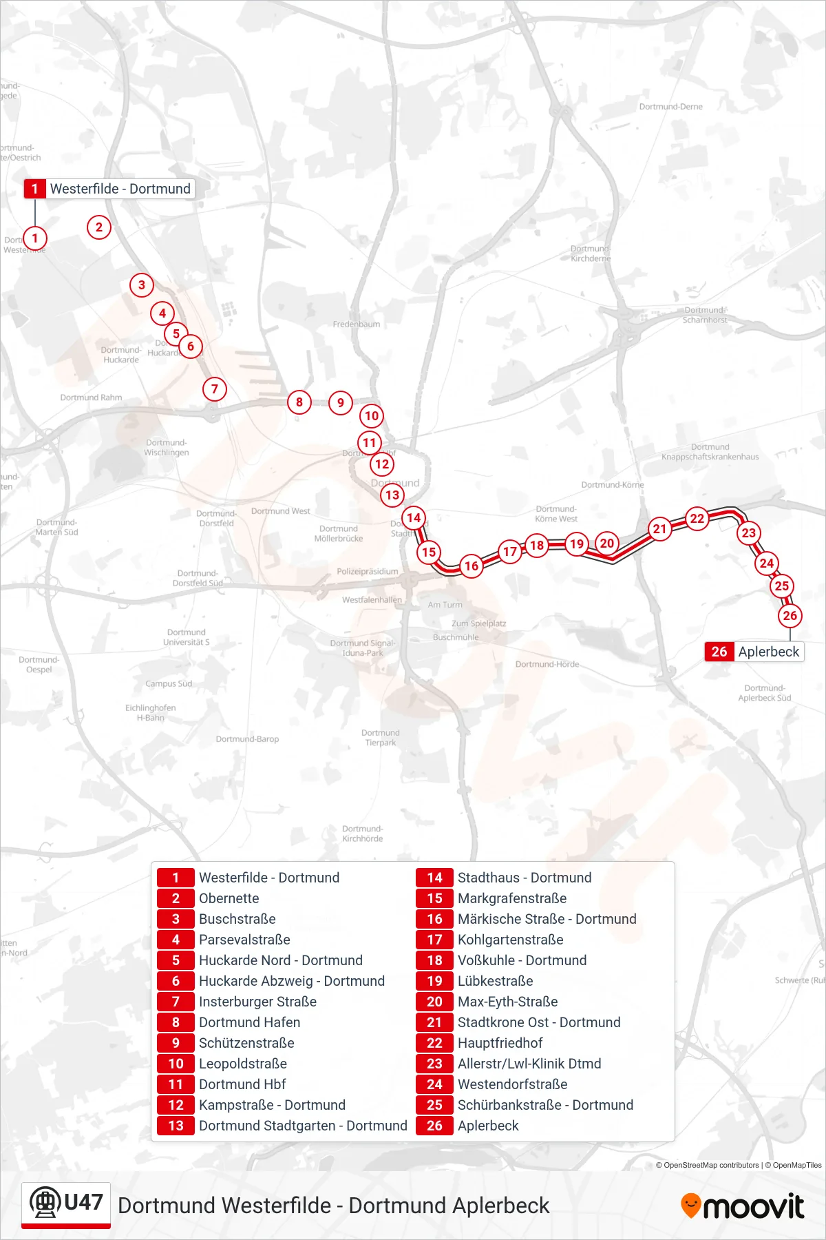 U47 subway Line (Dortmund Aplerbeck) route and stops on a map