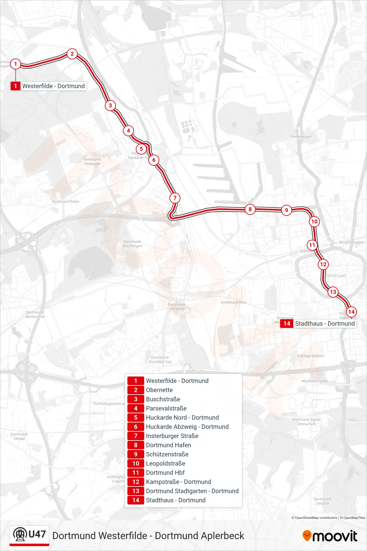 U47 subway Line (Dortmund Stadthaus) route and stops on a map