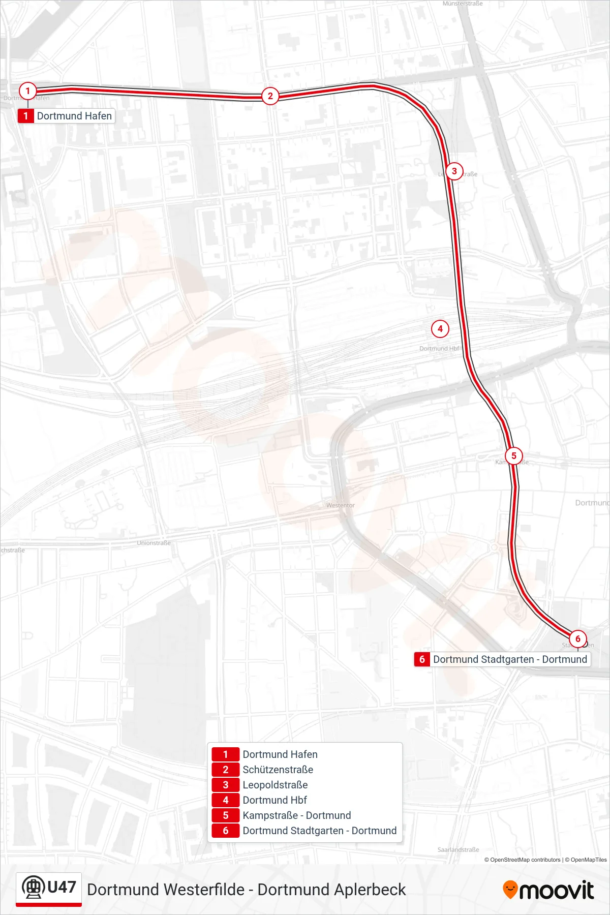 Linie U47 (U-Bahn) Richtung Dortmund Stadtgarten: Route und Haltestellen auf der Karte