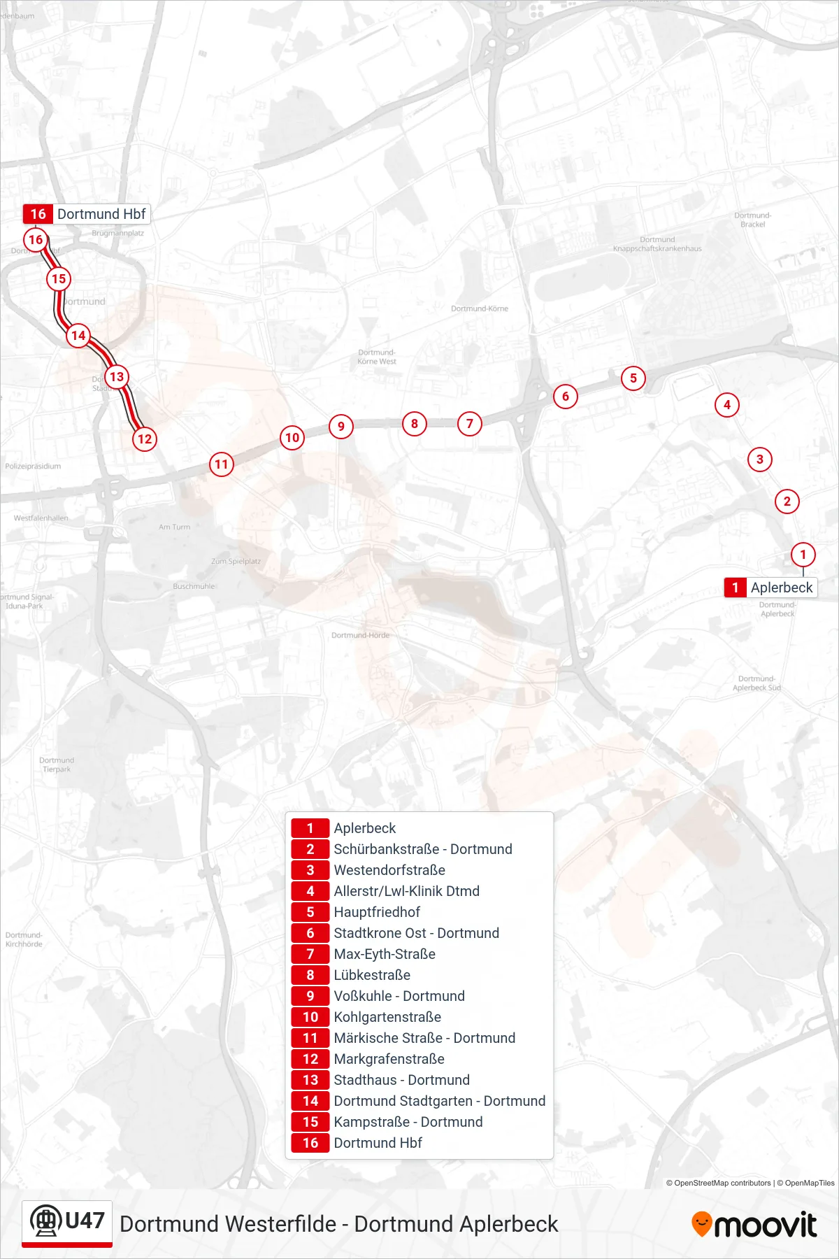 Linie U47 (U-Bahn) Richtung Dortmund Hbf: Route und Haltestellen auf der Karte
