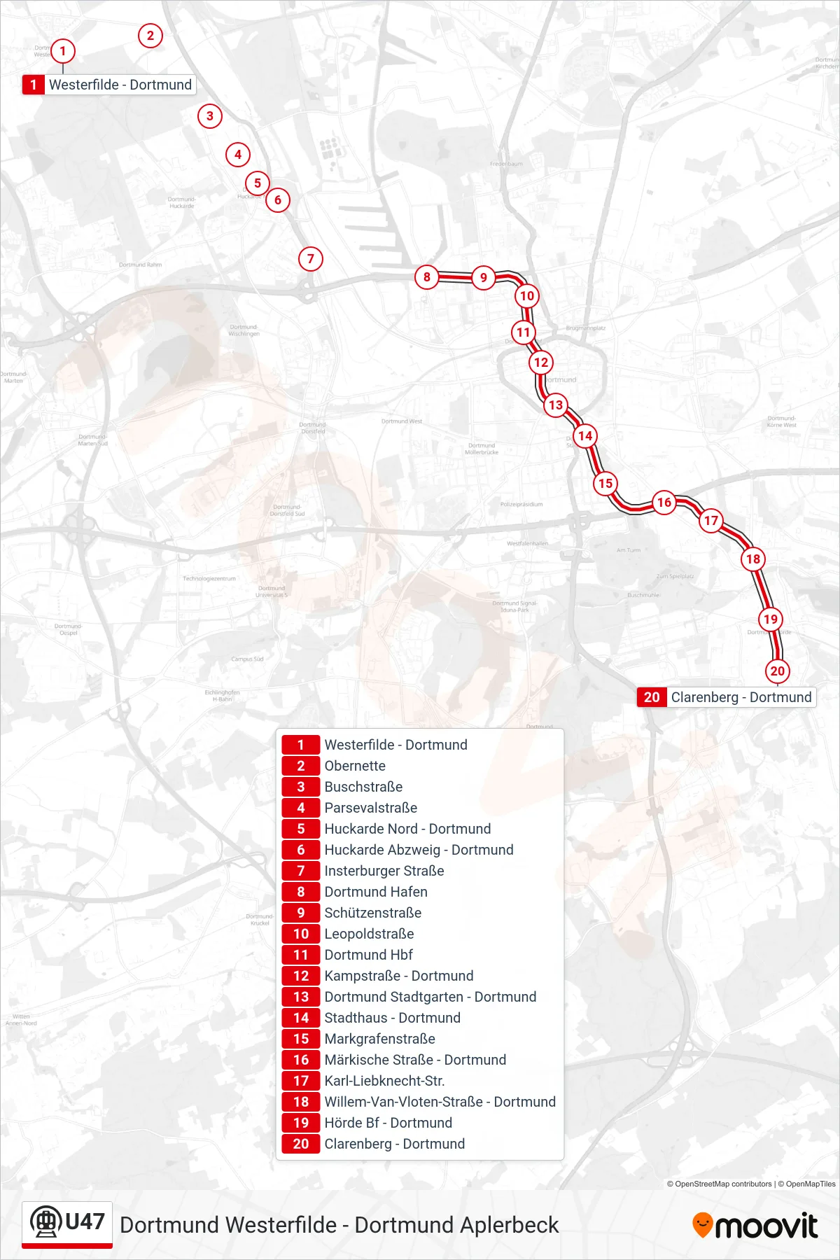 Linie U47 (U-Bahn) Richtung Dortmund Clarenberg: Route und Haltestellen auf der Karte