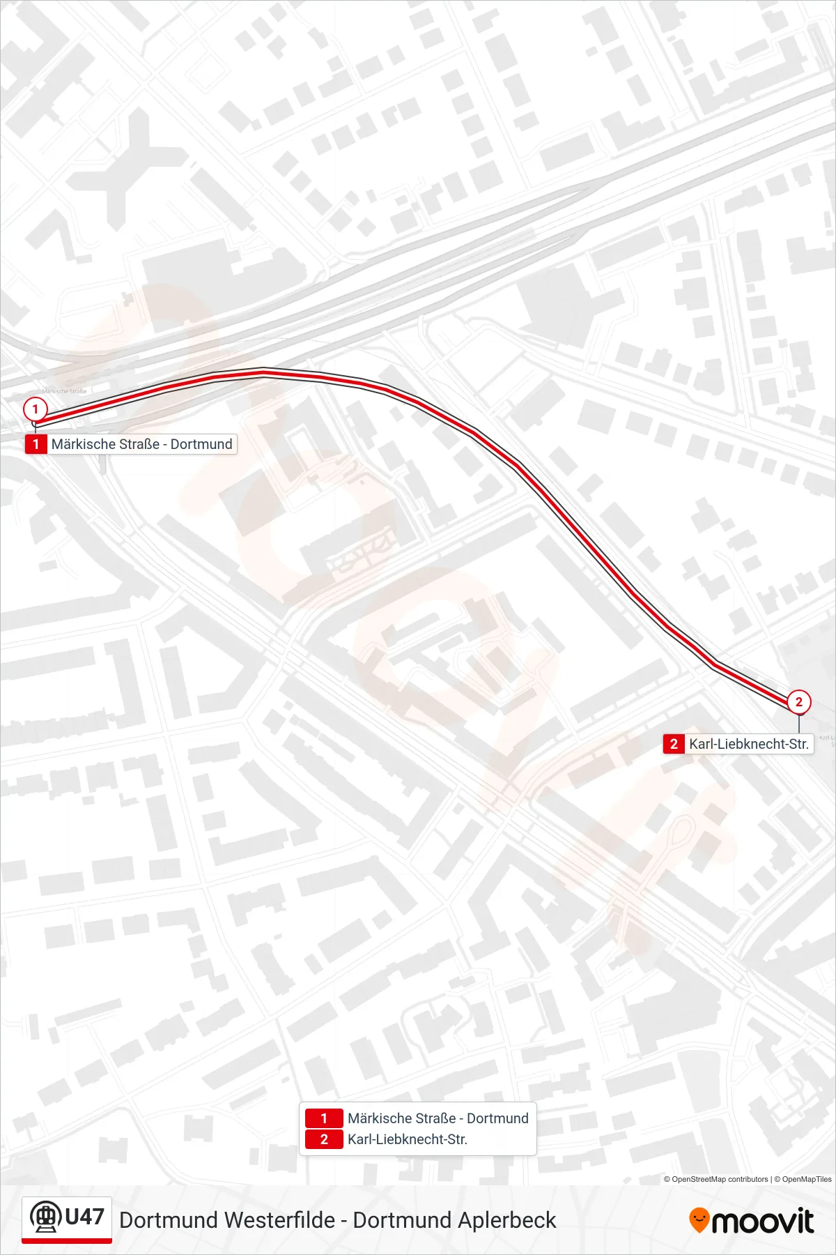 Linie U47 (U-Bahn) Richtung Dortmund Karl-Liebknecht-Str.: Route und Haltestellen auf der Karte