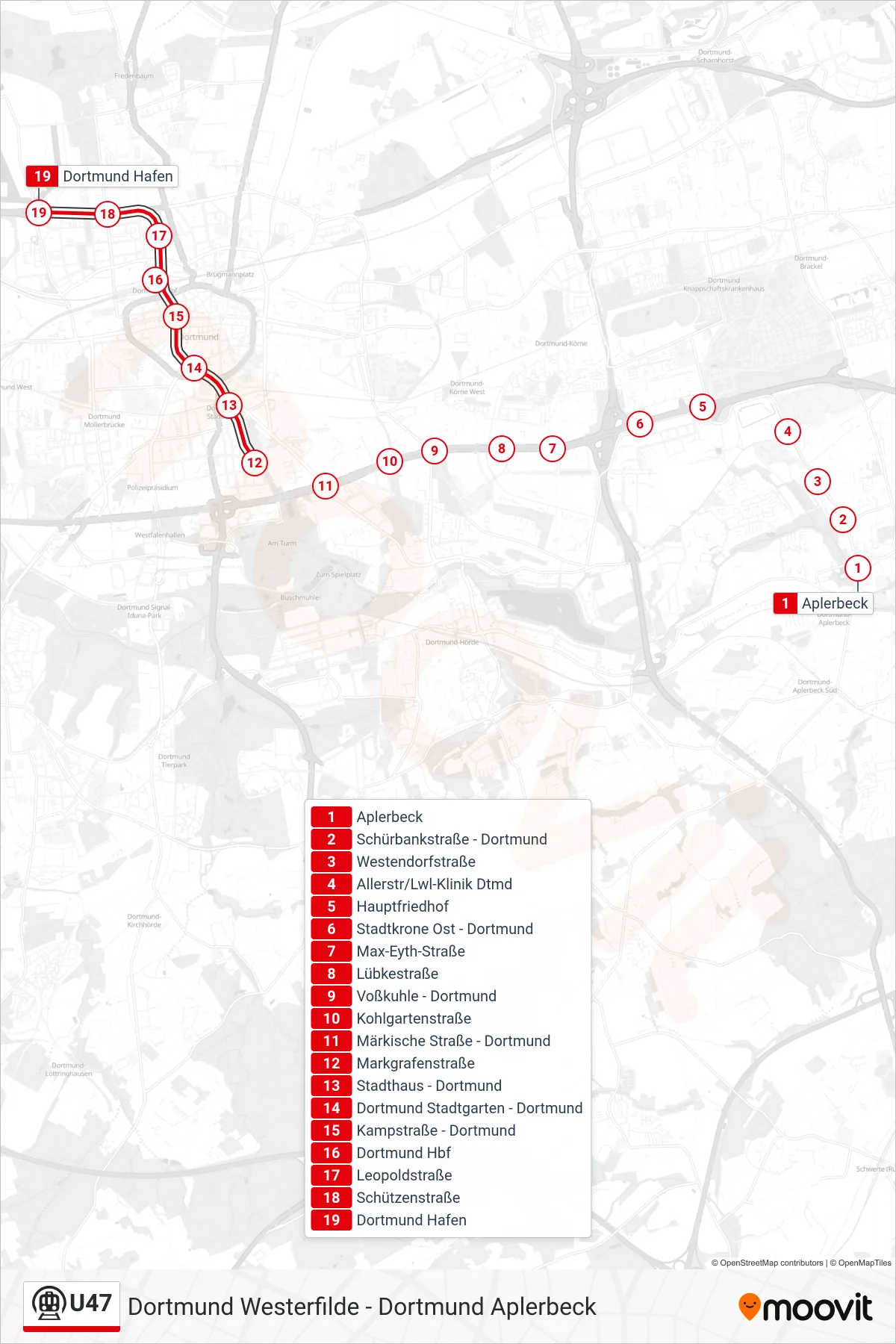 Linie U47 (U-Bahn) Richtung Dortmund Hafen: Route und Haltestellen auf der Karte