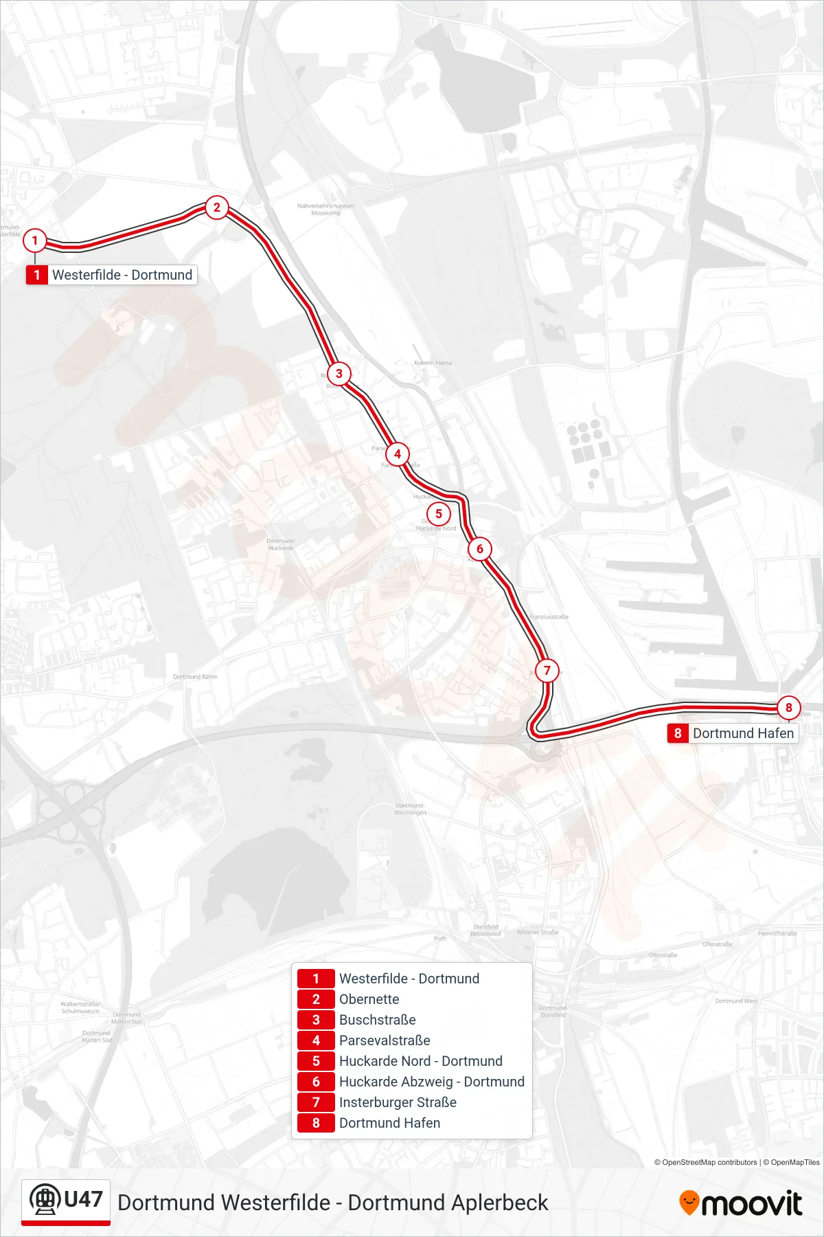 Linie U47 (U-Bahn) Richtung Dortmund Hafen: Route und Haltestellen auf der Karte