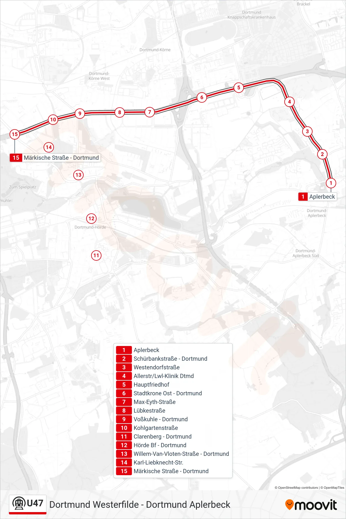 Linie U47 (U-Bahn) Richtung Dortmund Märkische Straße: Route und Haltestellen auf der Karte