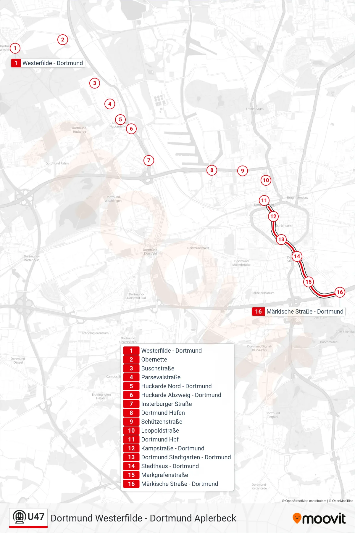 U47 subway Line (Dortmund Märkische Straße) route and stops on a map