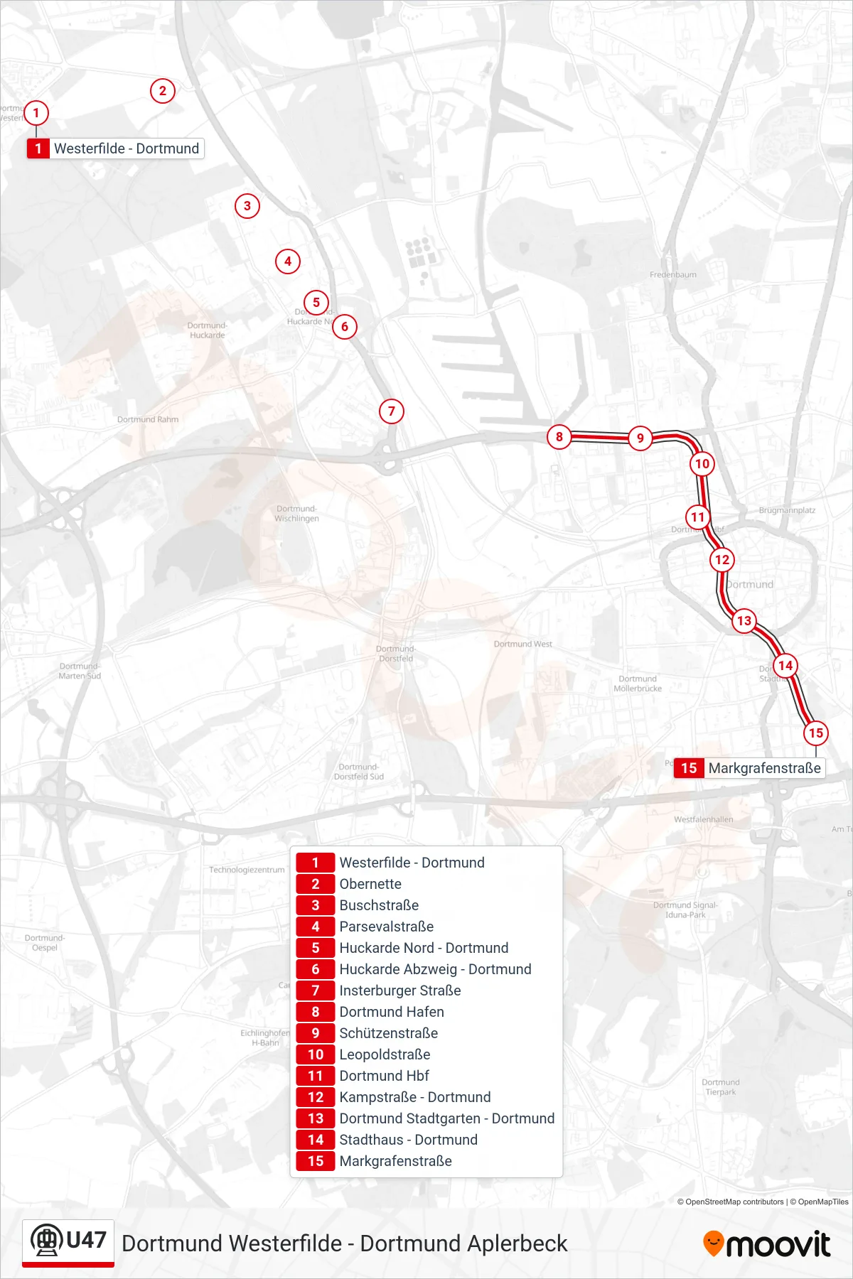Linie U47 (U-Bahn) Richtung Dortmund Markgrafenstraße: Route und Haltestellen auf der Karte