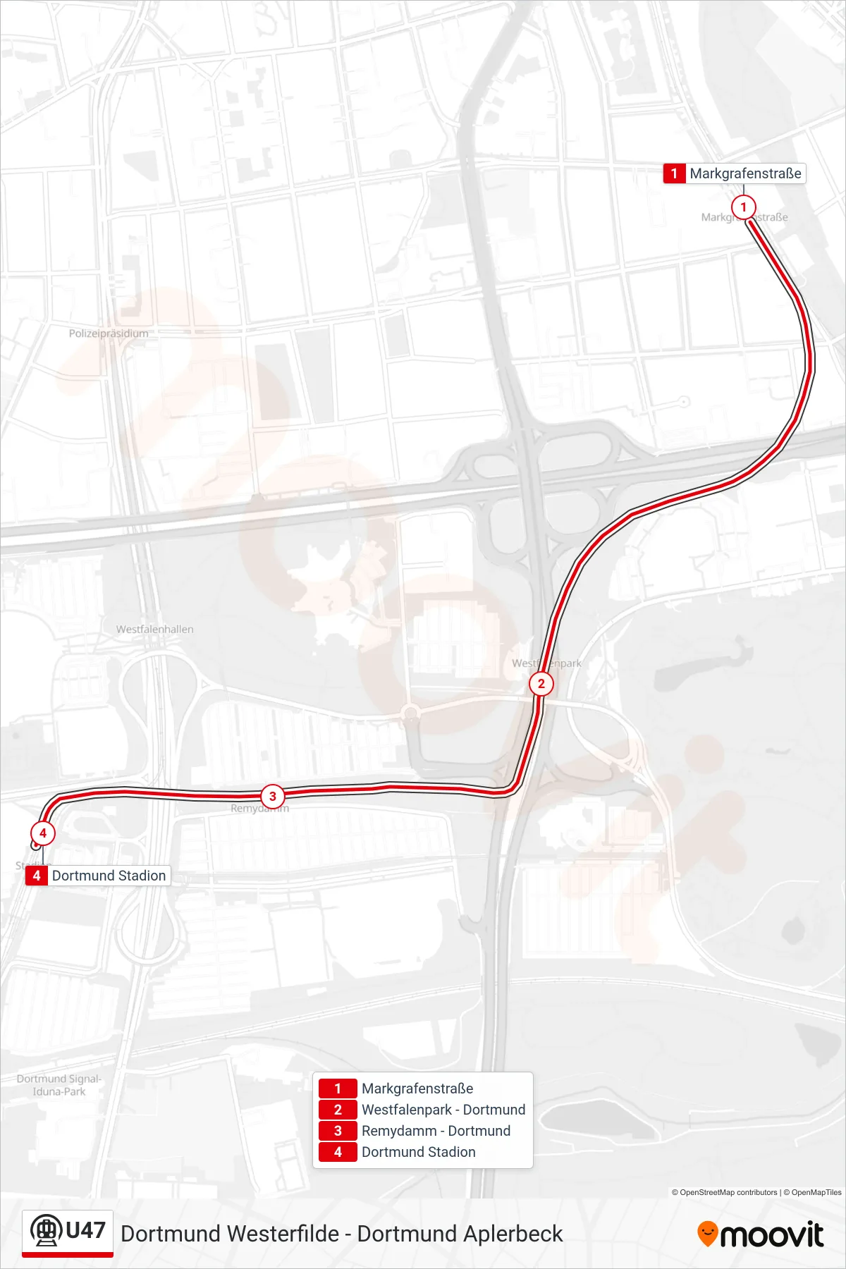Linie U47 (U-Bahn) Richtung Dortmund Stadion: Route und Haltestellen auf der Karte