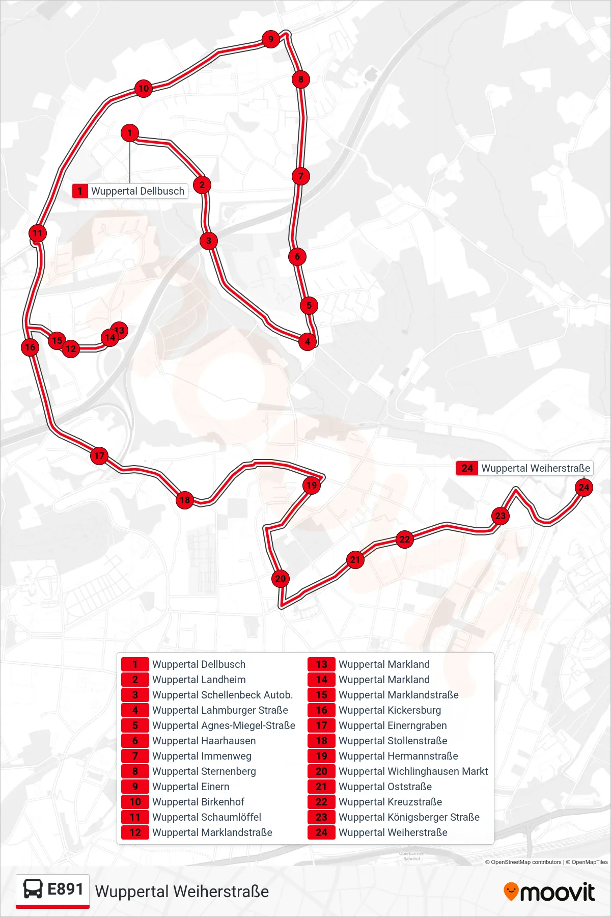 Linie E891 (Bus) Richtung Wuppertal Weiherstraße: Route und Haltestellen auf der Karte