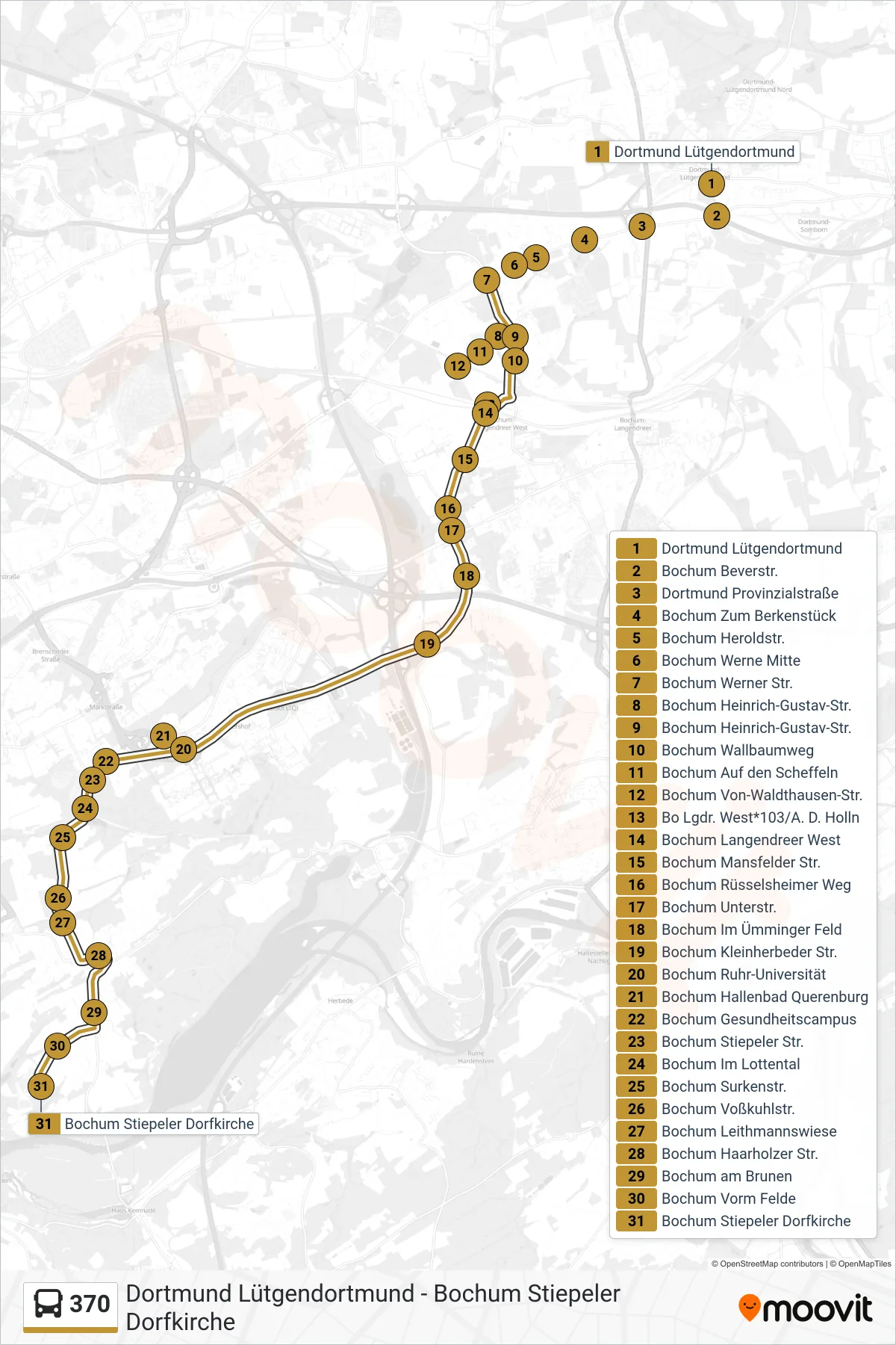 370 bus Line (Bochum Stiepeler Dorfkirche) route and stops on a map
