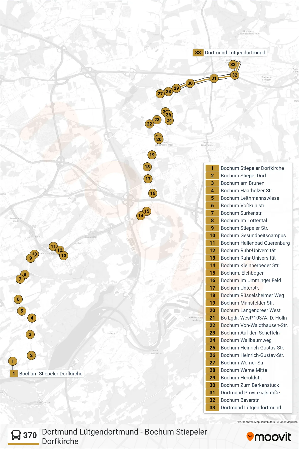 Linie 370 (Bus) Richtung Dortmund Lütgendortmund: Route und Haltestellen auf der Karte