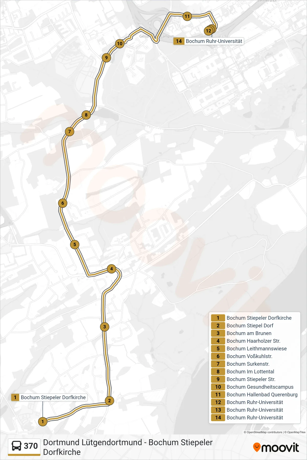 Linie 370 (Bus) Richtung Bochum Ruhr-Universität: Route und Haltestellen auf der Karte