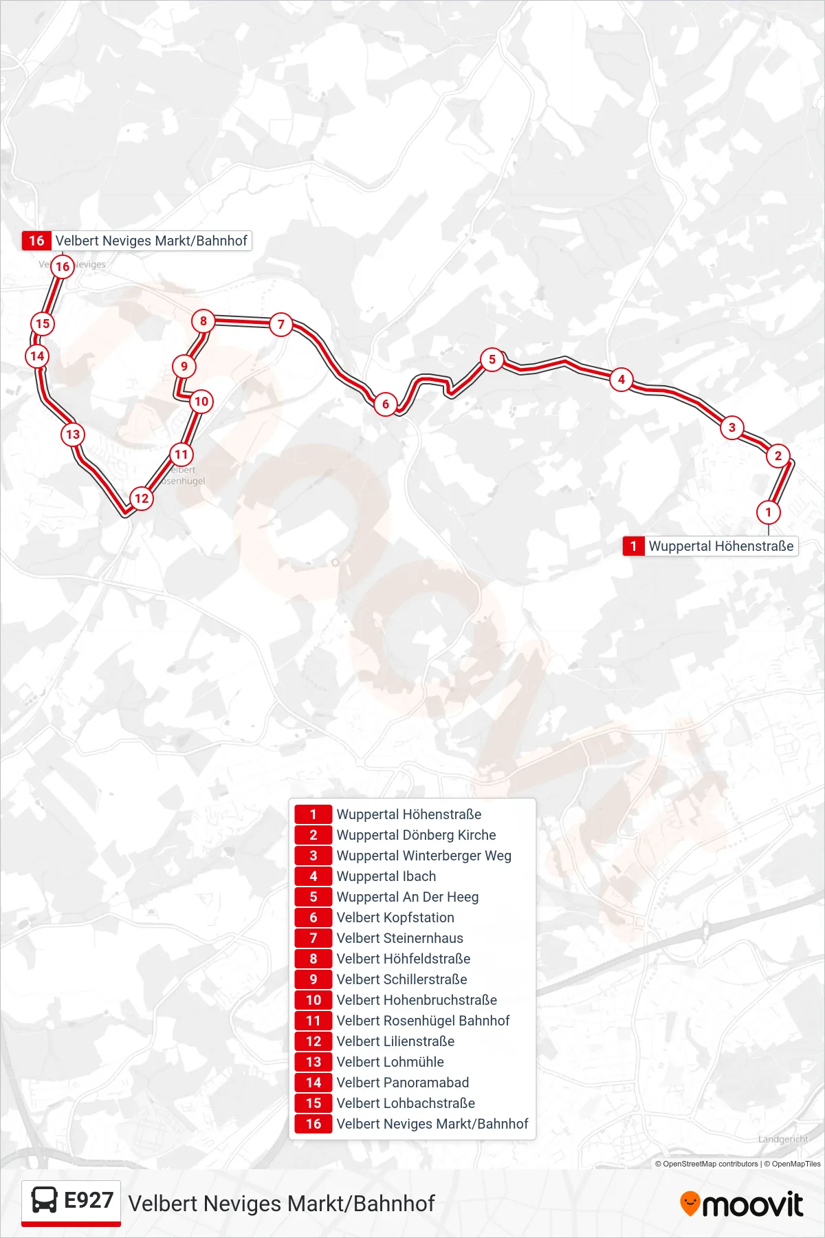 Linie E927 (Bus) Richtung Velbert Neviges Markt/Bahnhof: Route und Haltestellen auf der Karte