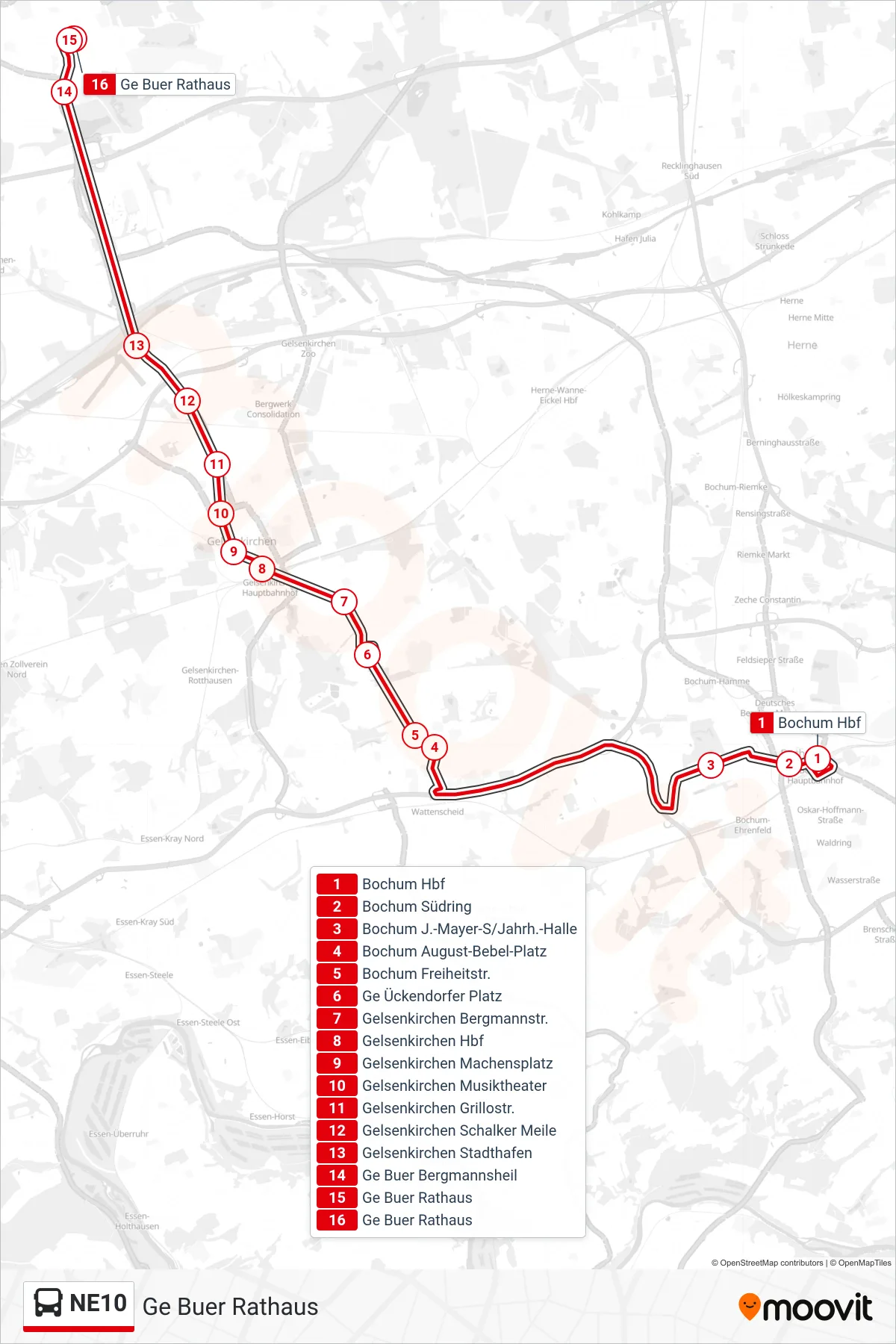 NE10 bus Line (Ge Buer Rathaus) route and stops on a map