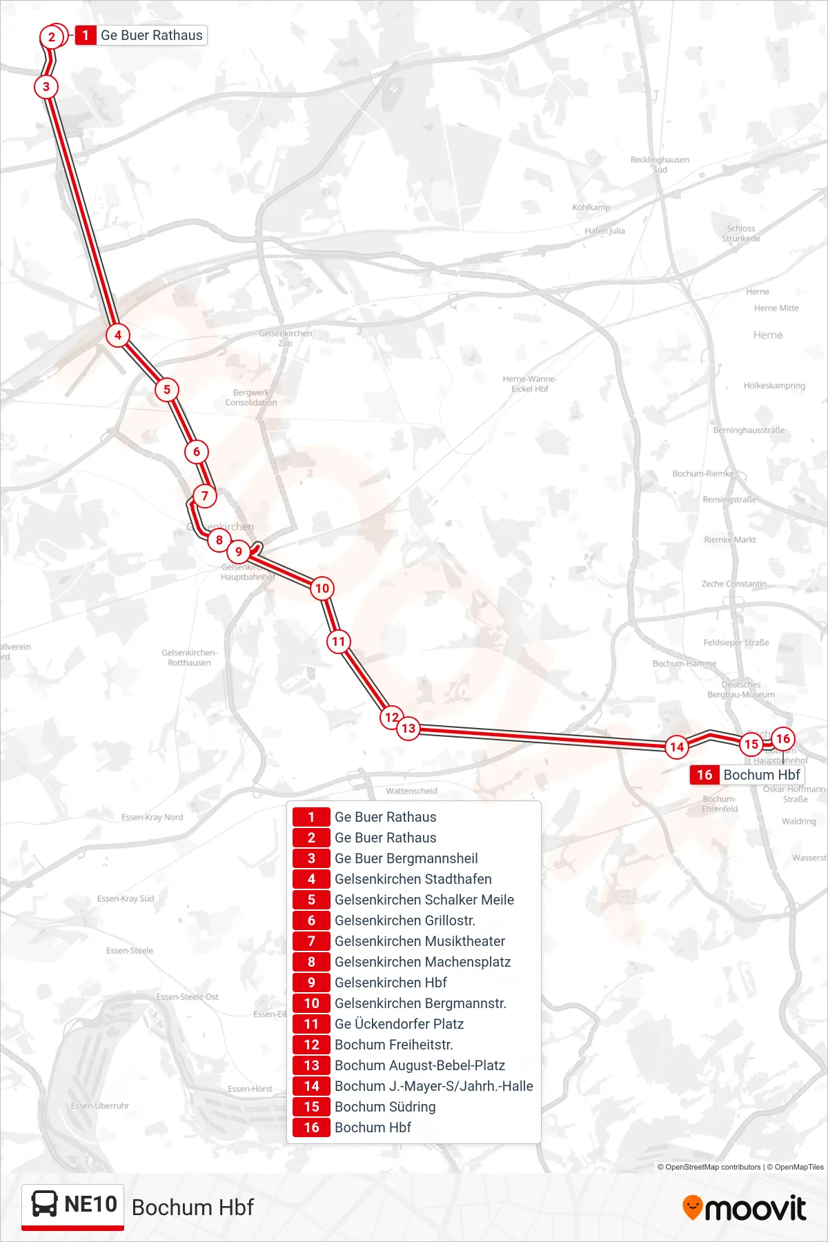 Linie NE10 (Bus) Richtung Bochum Hbf: Route und Haltestellen auf der Karte