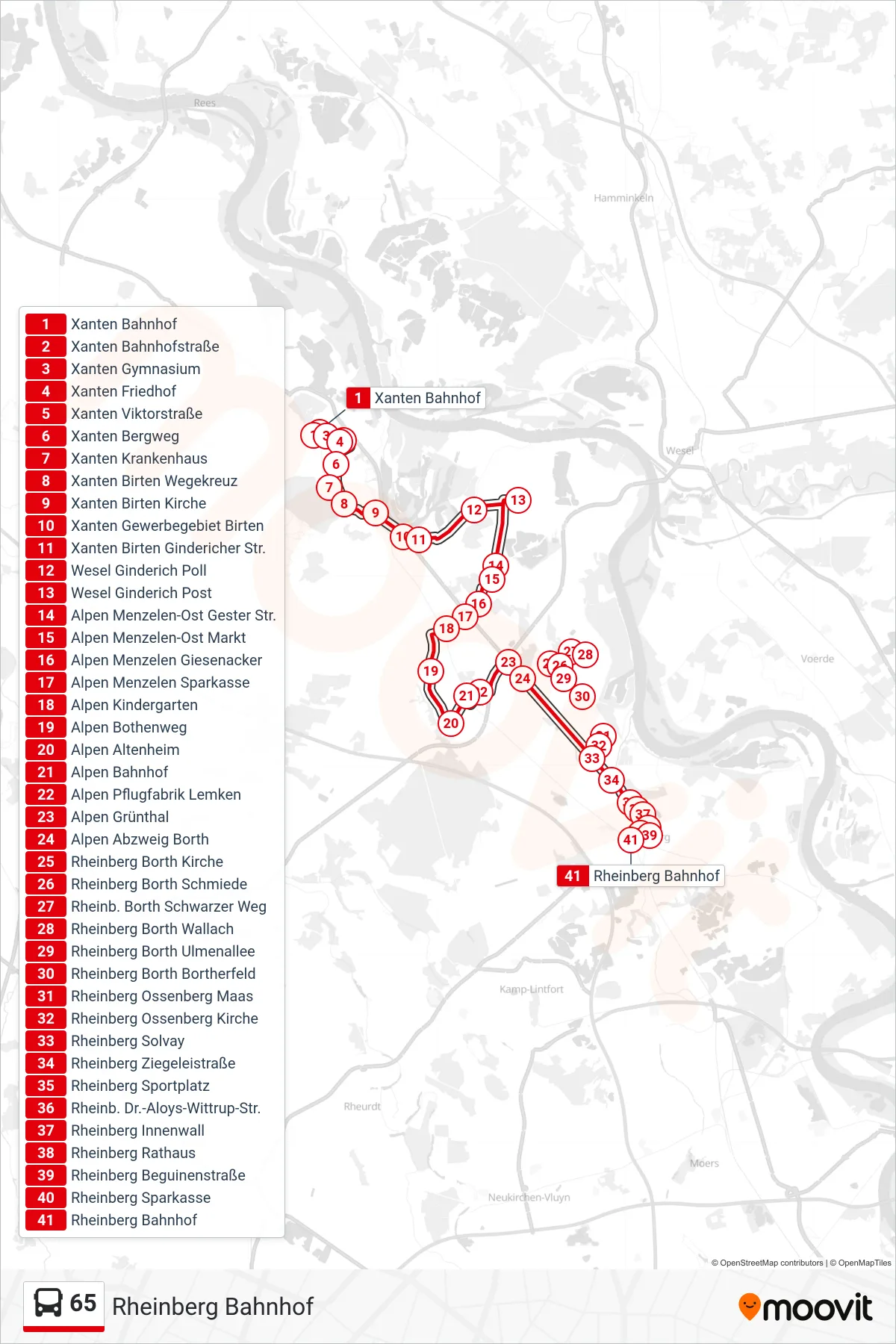 65 bus Line (Rheinberg Bahnhof) route and stops on a map