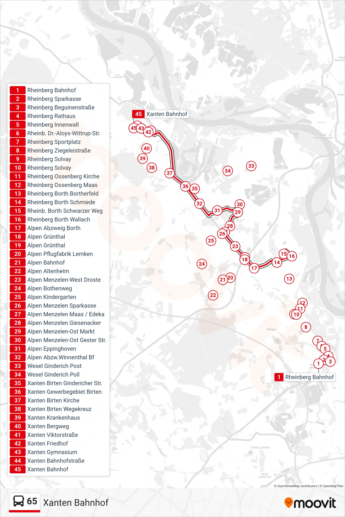 Linie 65 (Bus) Richtung Xanten Bahnhof: Route und Haltestellen auf der Karte