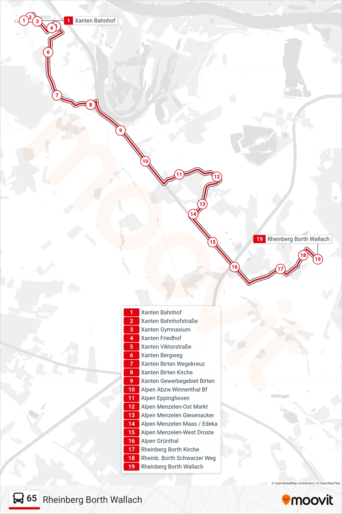 Linie 65 (Bus) Richtung Rheinberg Borth Wallach: Route und Haltestellen auf der Karte
