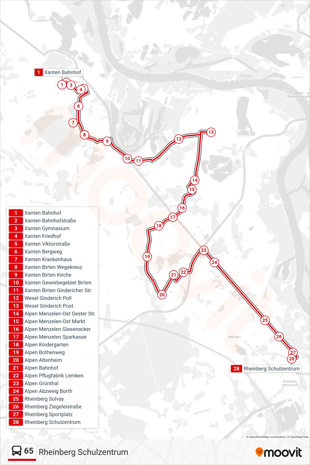 Linie 65 (Bus) Richtung Rheinberg Schulzentrum: Route und Haltestellen auf der Karte