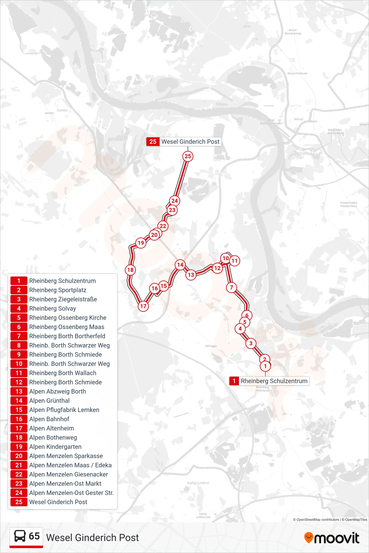 Linie 65 (Bus) Richtung Wesel Ginderich Post: Route und Haltestellen auf der Karte