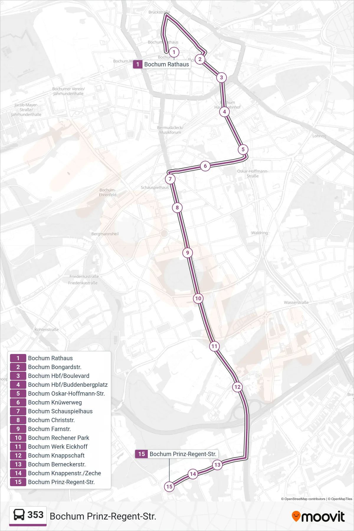 Linie 353 (Bus) Richtung Bochum Prinz-Regent-Str.: Route und Haltestellen auf der Karte