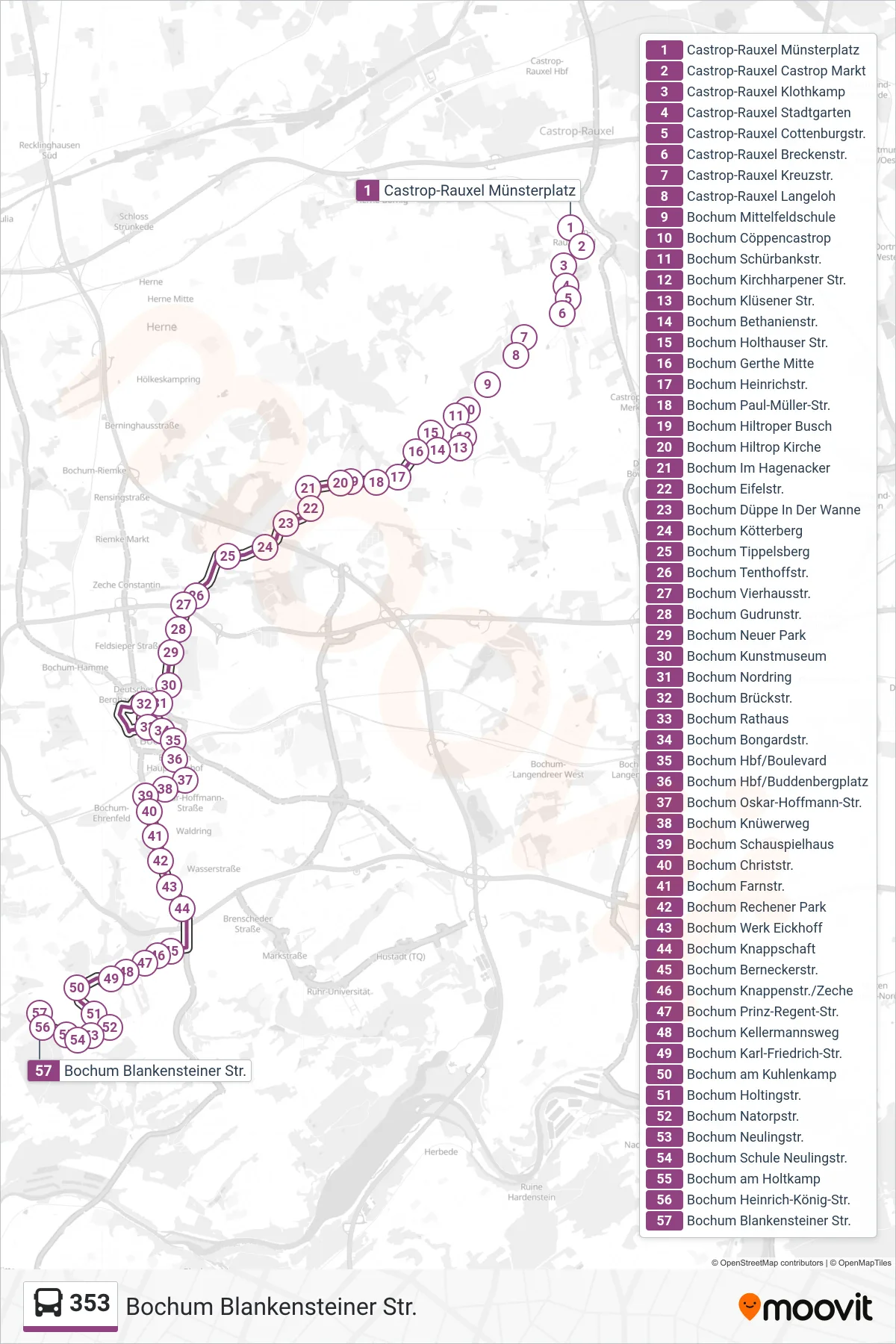353 bus Line (Bochum Blankensteiner Str.) route and stops on a map