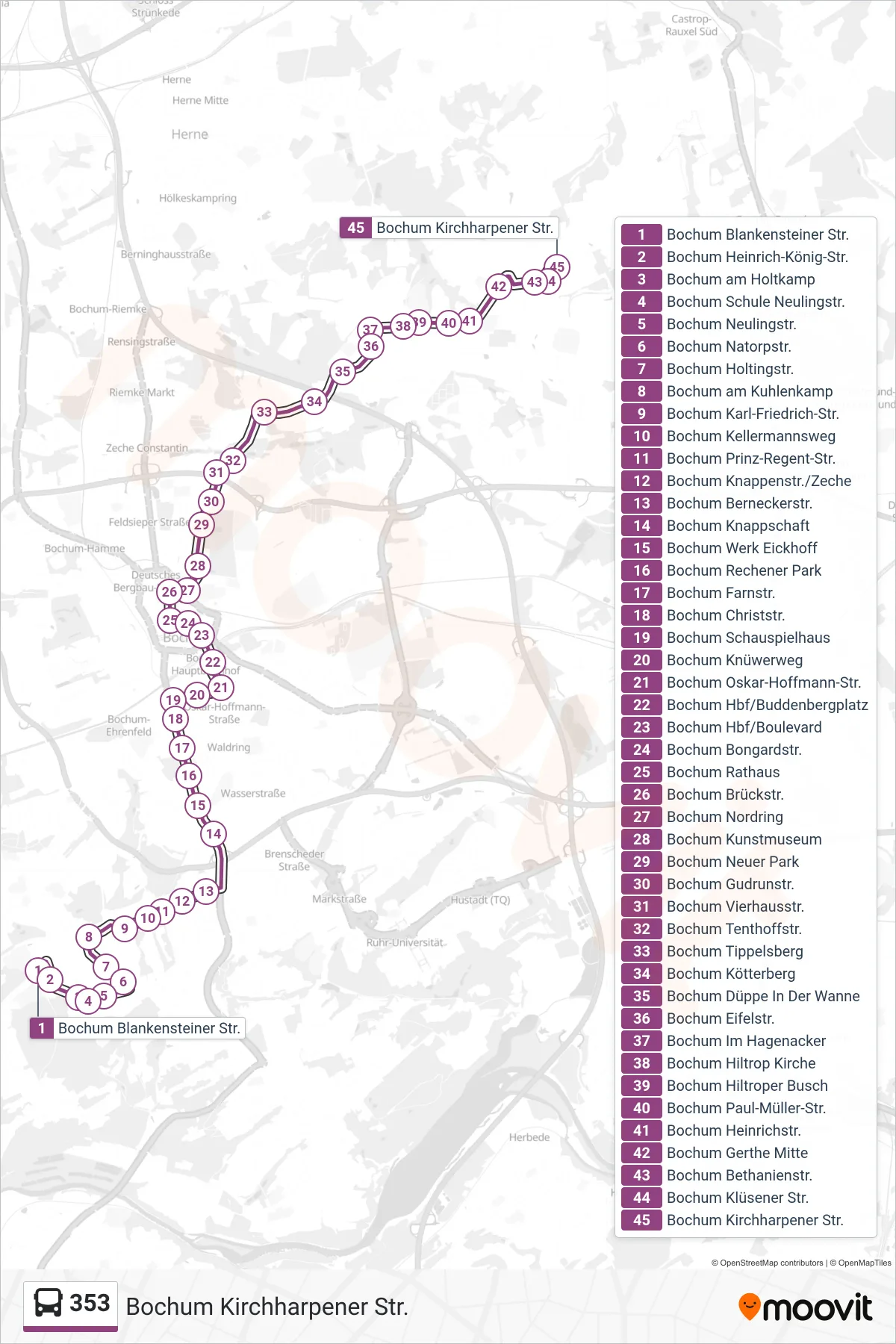 Linie 353 (Bus) Richtung Bochum Kirchharpener Str.: Route und Haltestellen auf der Karte