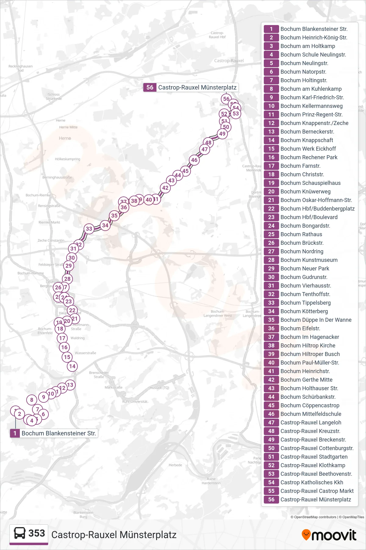Linie 353 (Bus) Richtung Castrop-Rauxel Münsterplatz: Route und Haltestellen auf der Karte