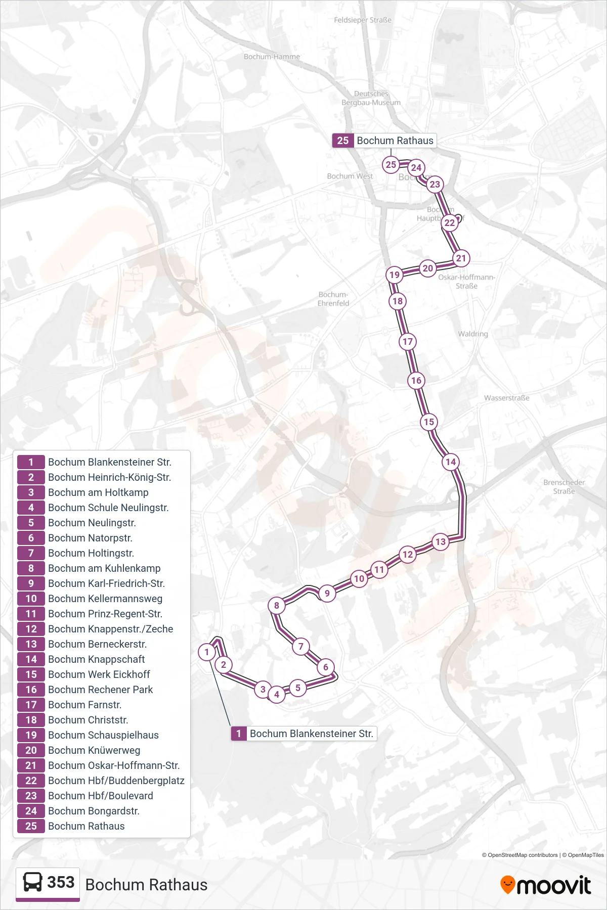353 bus Line (Bochum Rathaus) route and stops on a map