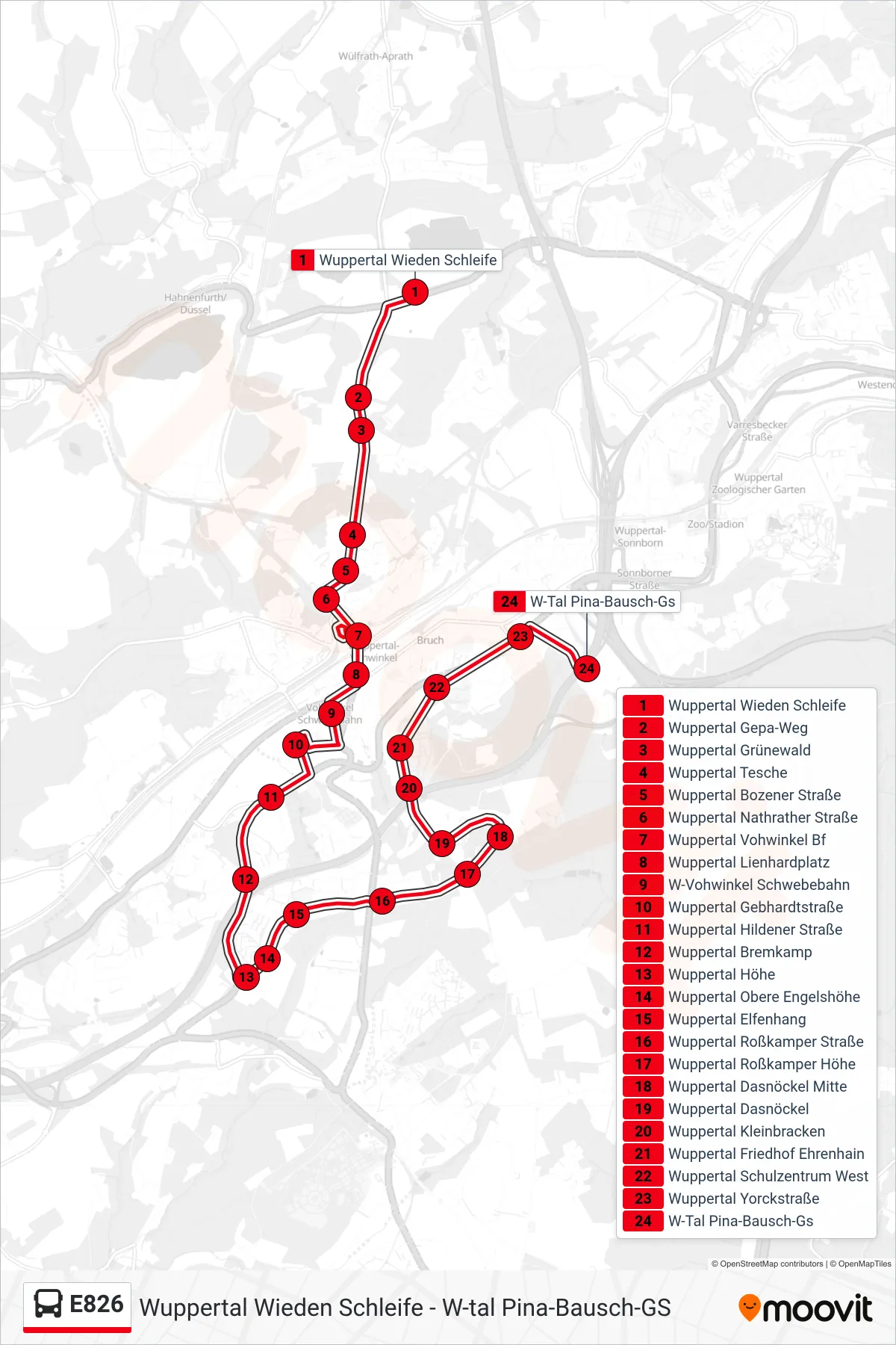 Linie E826 (Bus) Richtung W-Tal Pina-Bausch-Gs: Route und Haltestellen auf der Karte