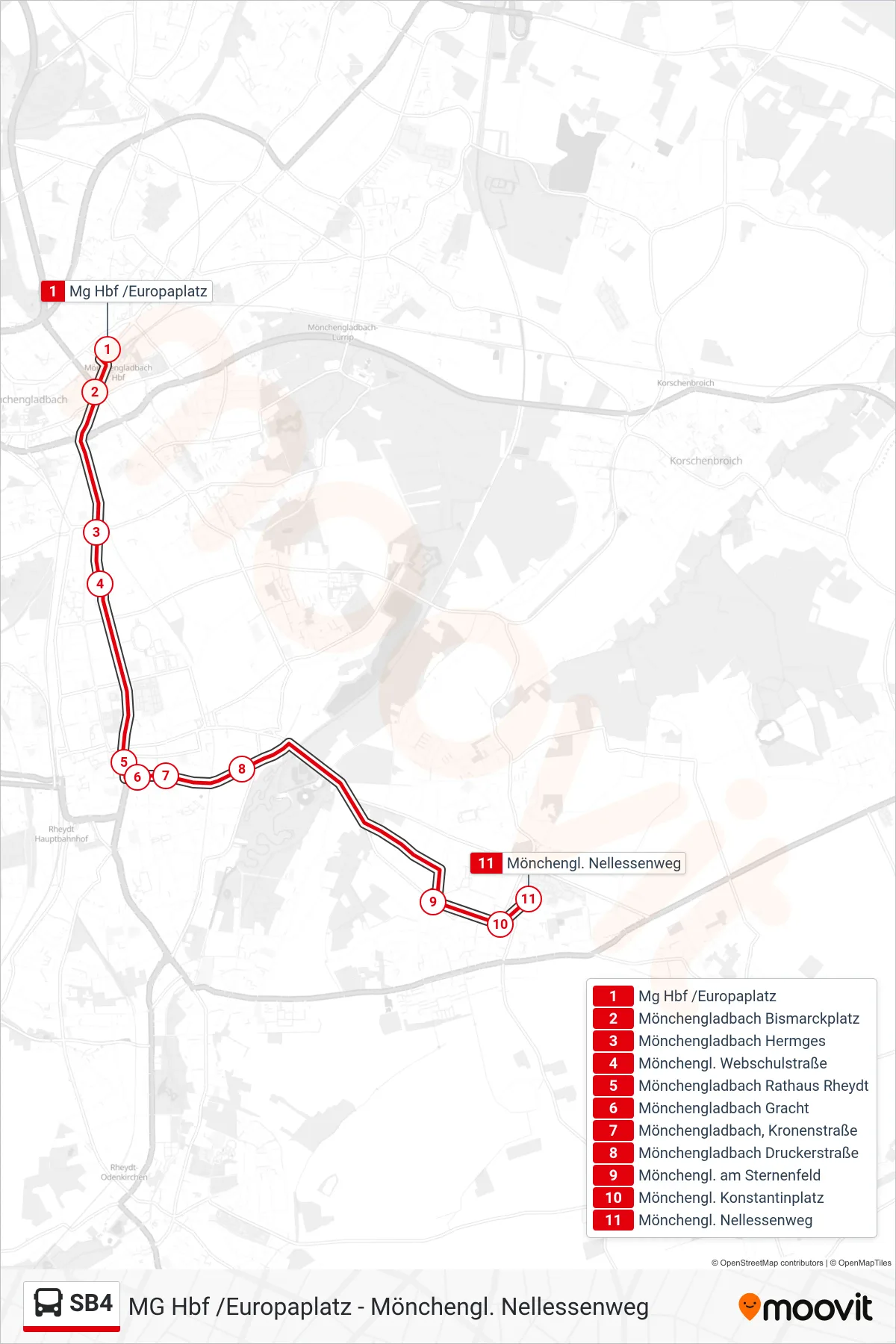 SB4 bus Line (Mönchengl. Nellessenweg) route and stops on a map