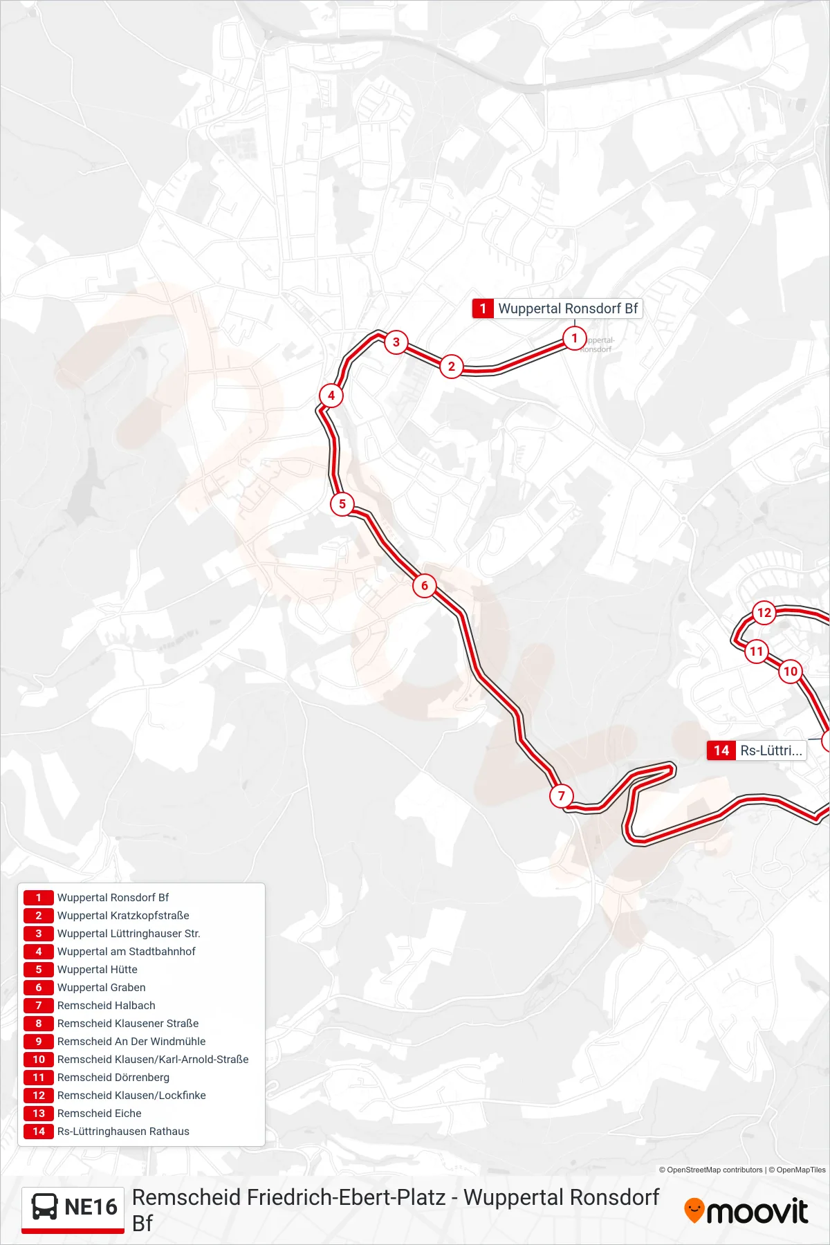 Linie NE16 (Bus) Richtung Remscheid Lüttringhausen Rathaus: Route und Haltestellen auf der Karte