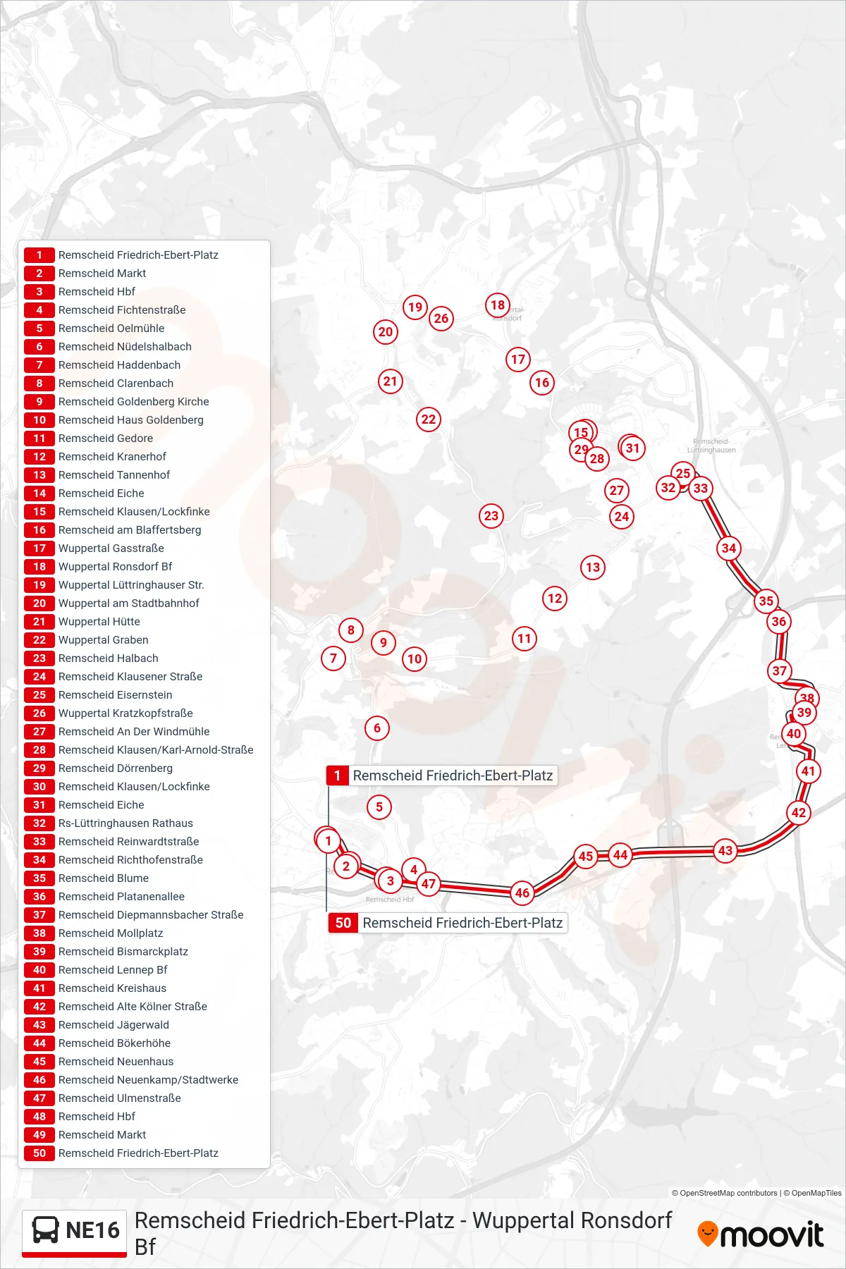 NE16 bus Line (Remscheid Friedrich-Ebert-Platz) route and stops on a map