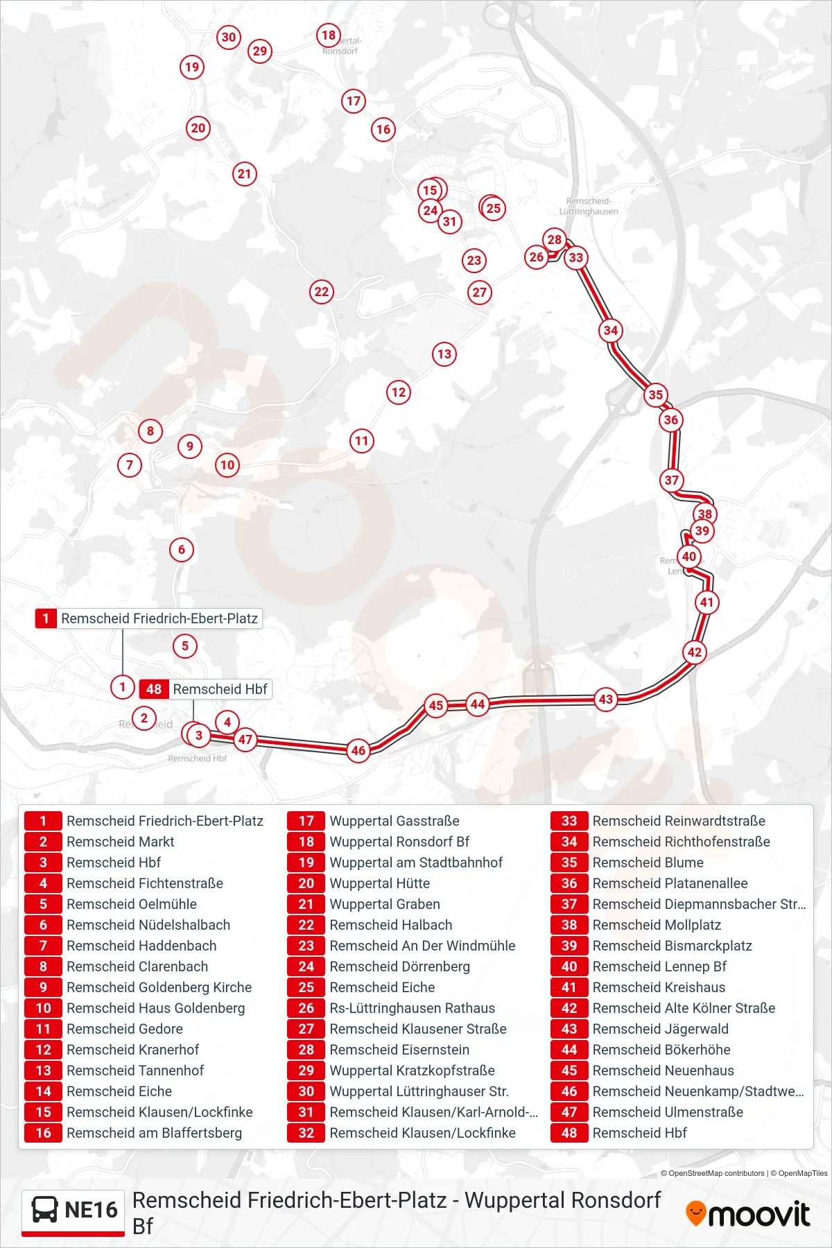 NE16 bus Line (Remscheid Hbf) route and stops on a map