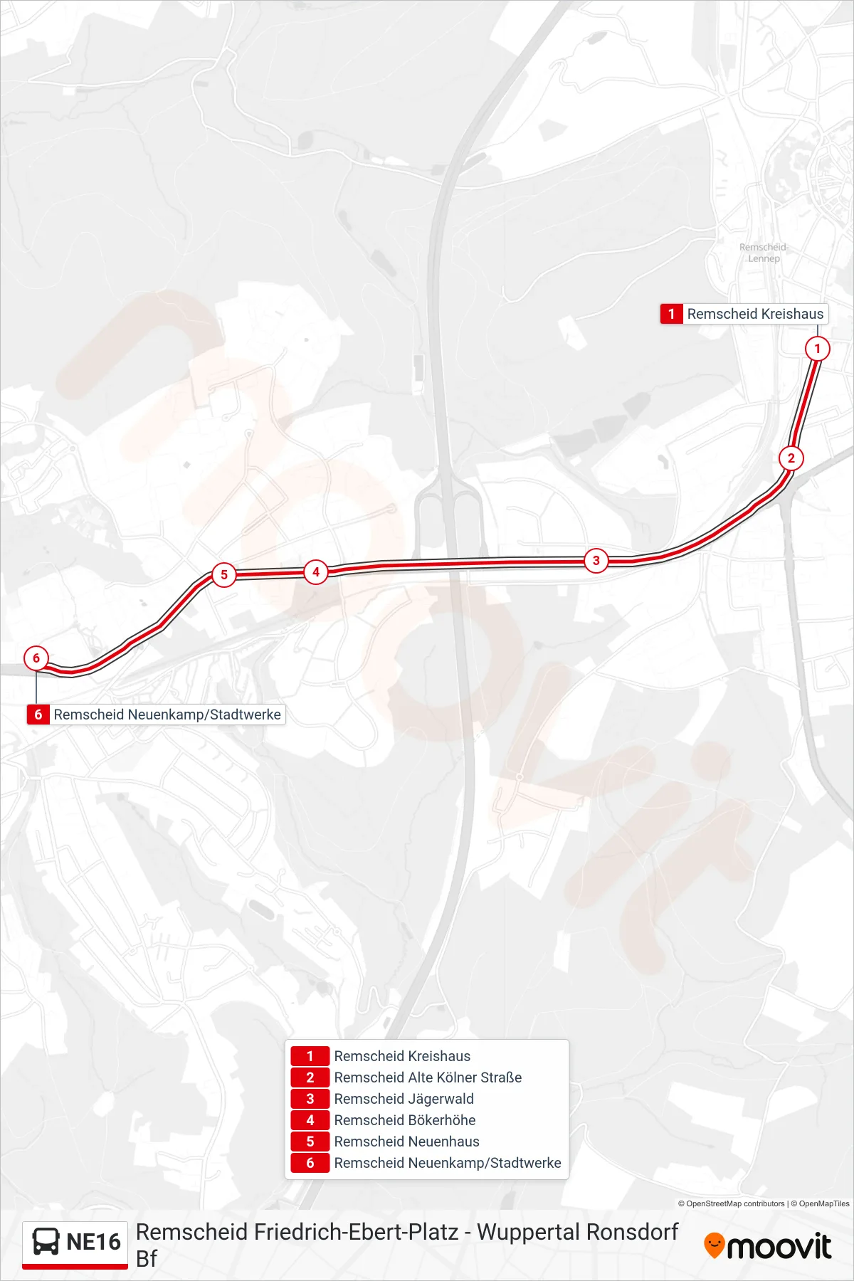 NE16 bus Line (Remscheid Neuenkamp/Stadtwerke) route and stops on a map