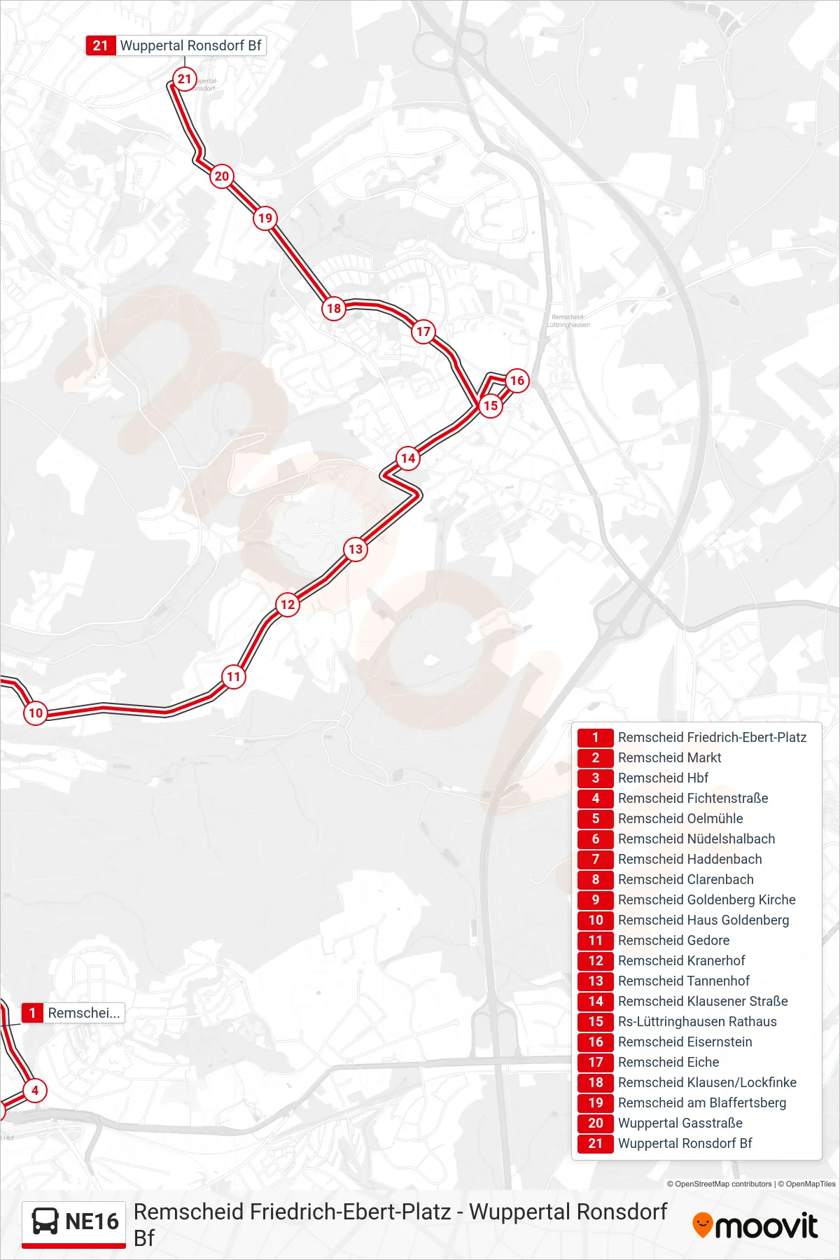 NE16 bus Line (Wuppertal Ronsdorf Bf) route and stops on a map