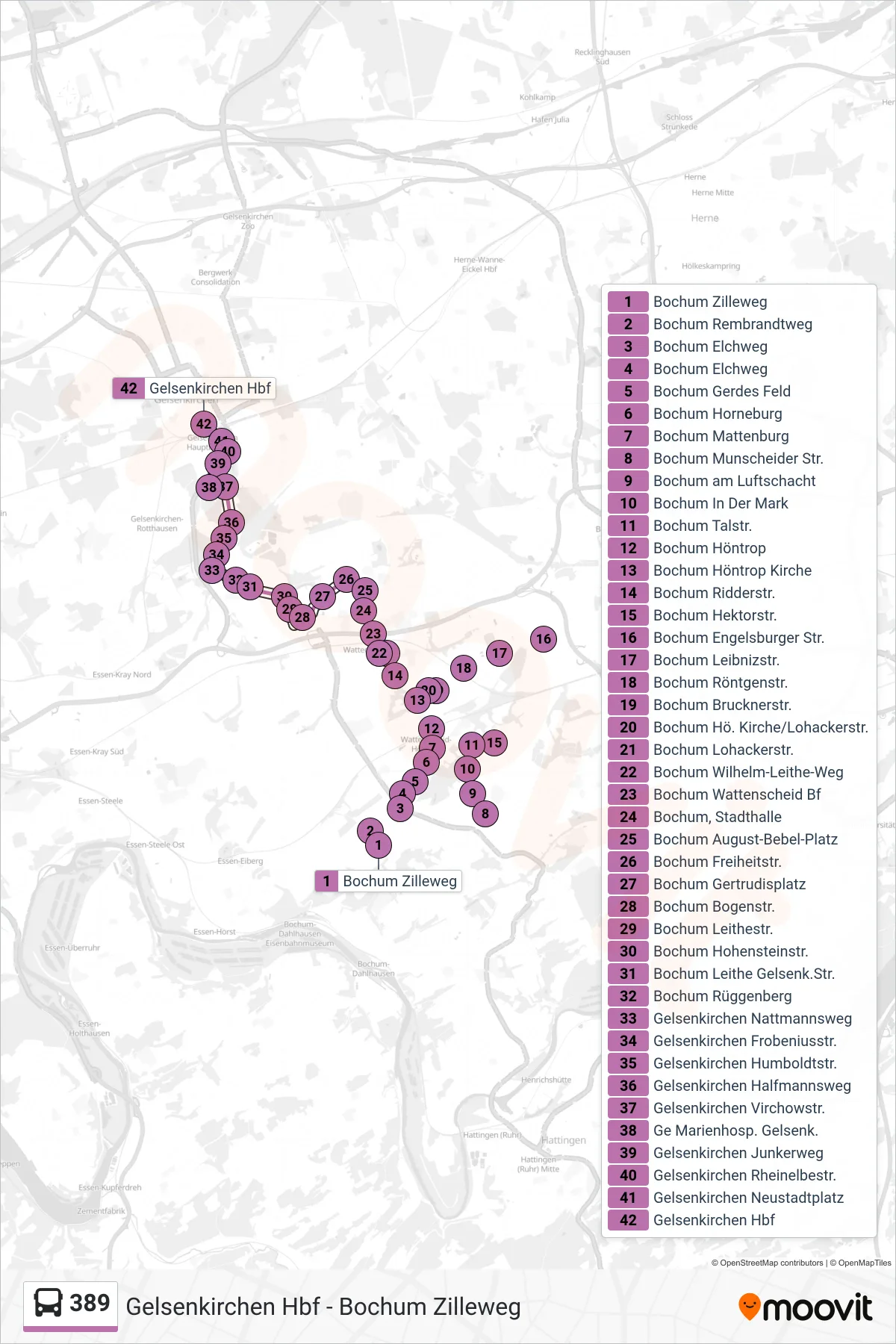 389 bus Line (Gelsenkirchen Hbf) route and stops on a map