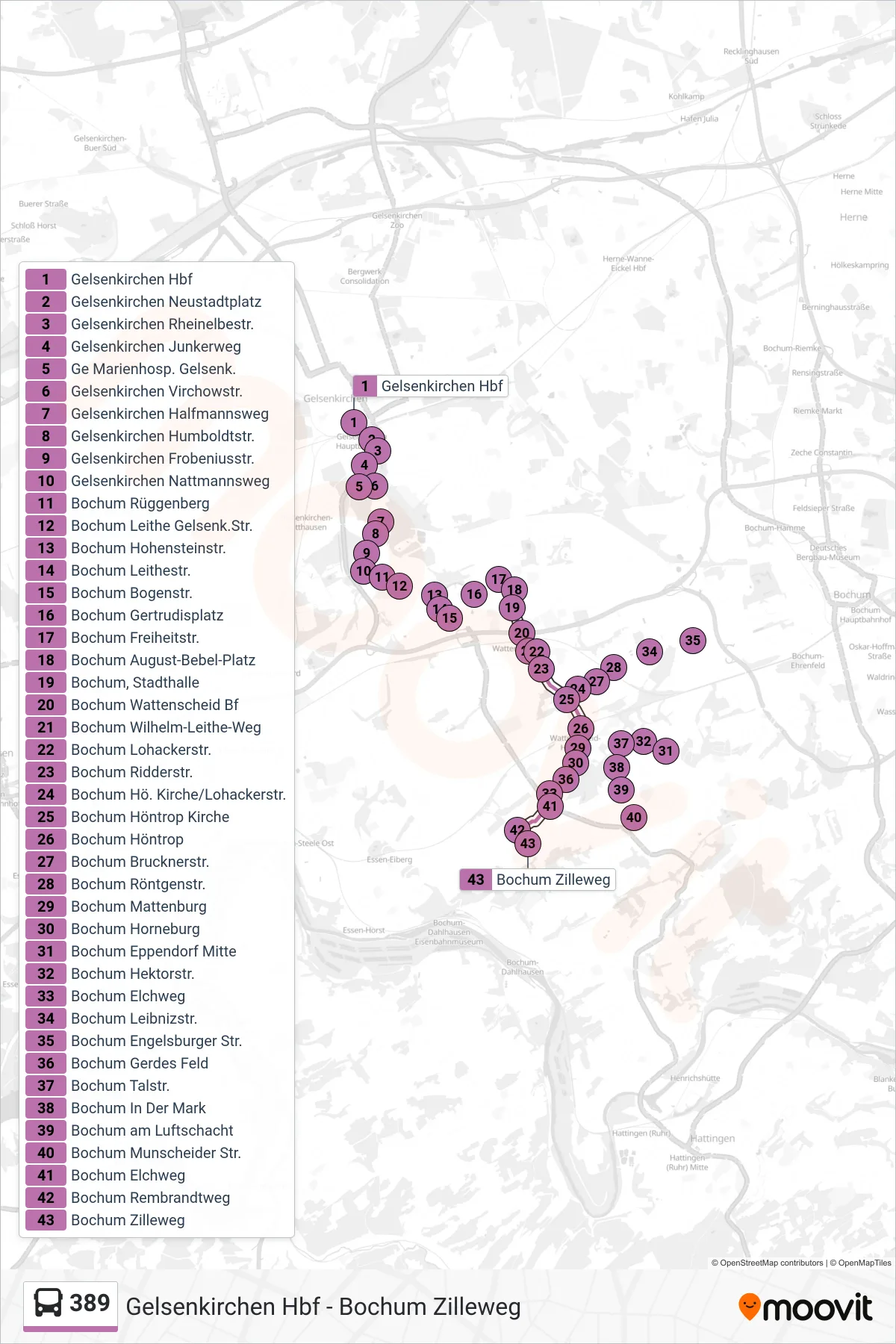 389 bus Line (Bochum Zilleweg) route and stops on a map