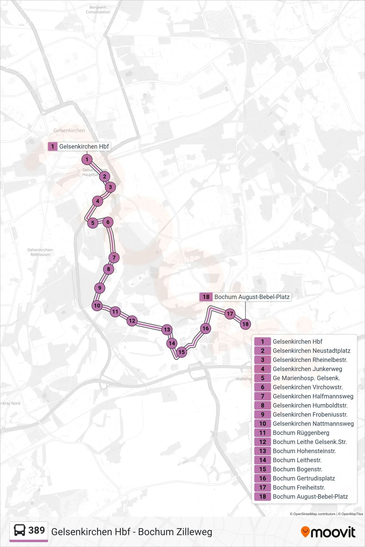 389 bus Line (Bochum August-Bebel-Platz) route and stops on a map